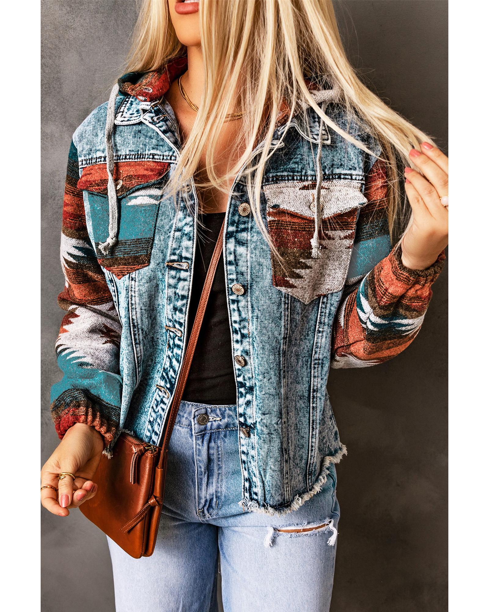 Azura Exchange Multicolor Aztec Print Frayed Hem Denim Jacket - M