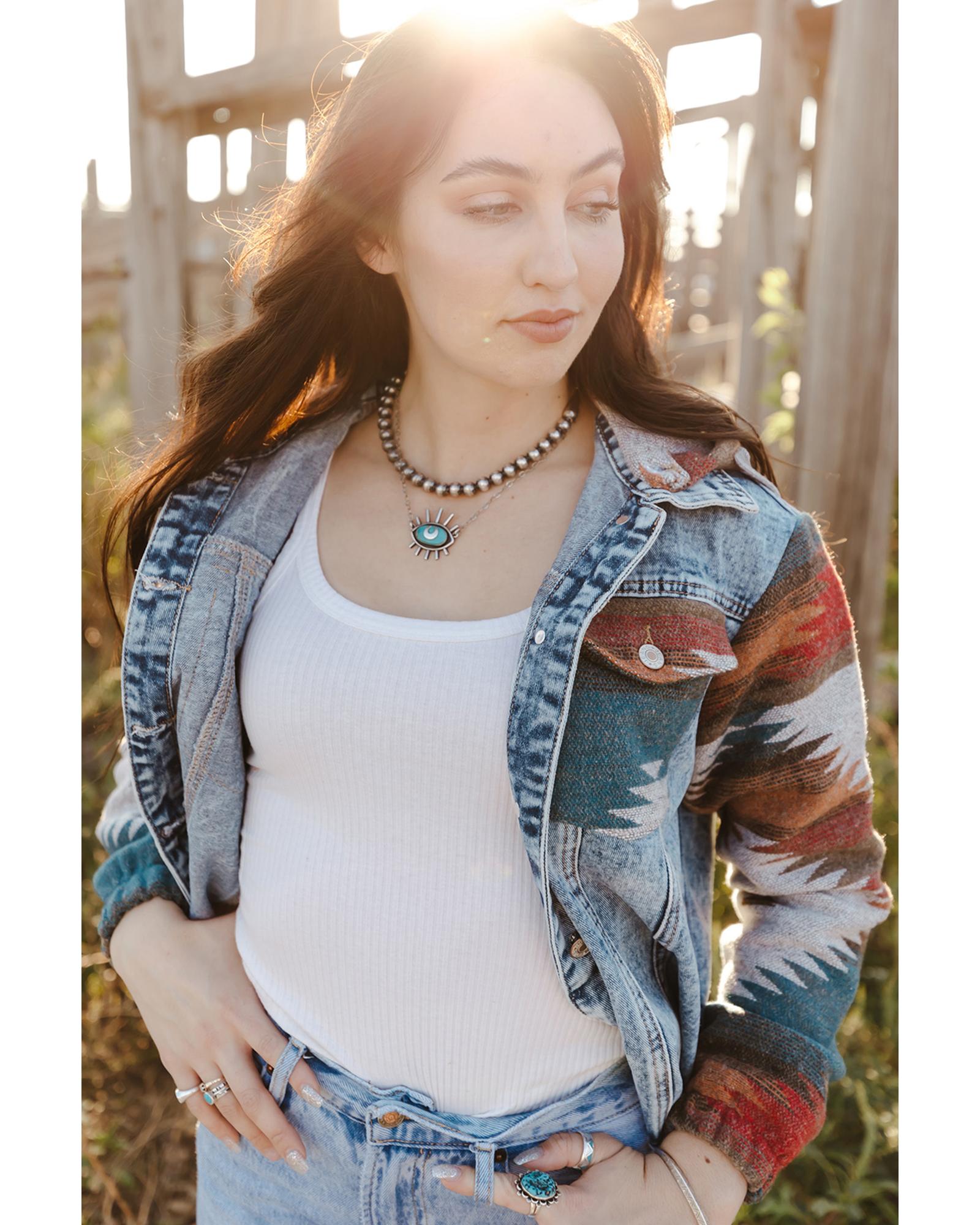 Azura Exchange Multicolor Aztec Print Frayed Hem Denim Jacket - XL