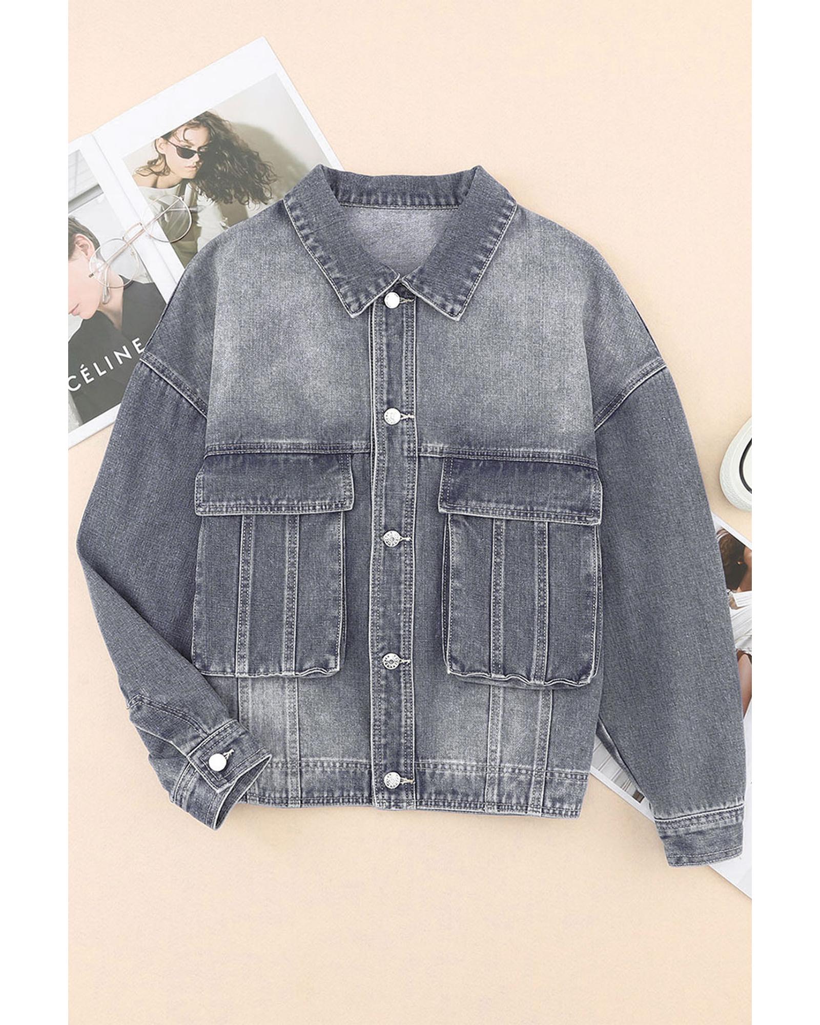 Gray Chest Pockets Drop Shoulder Loose Denim Jacket - 2XL