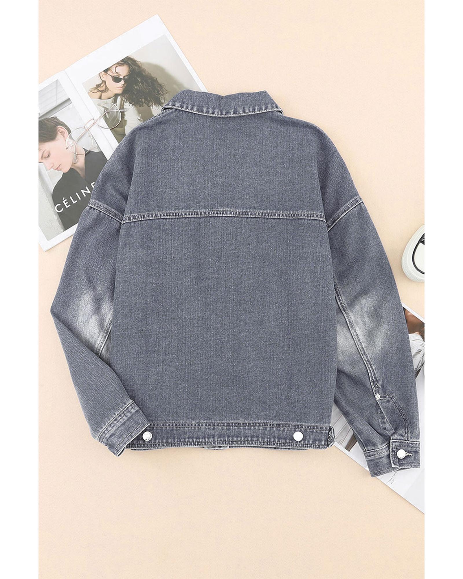 Gray Chest Pockets Drop Shoulder Loose Denim Jacket - 2XL
