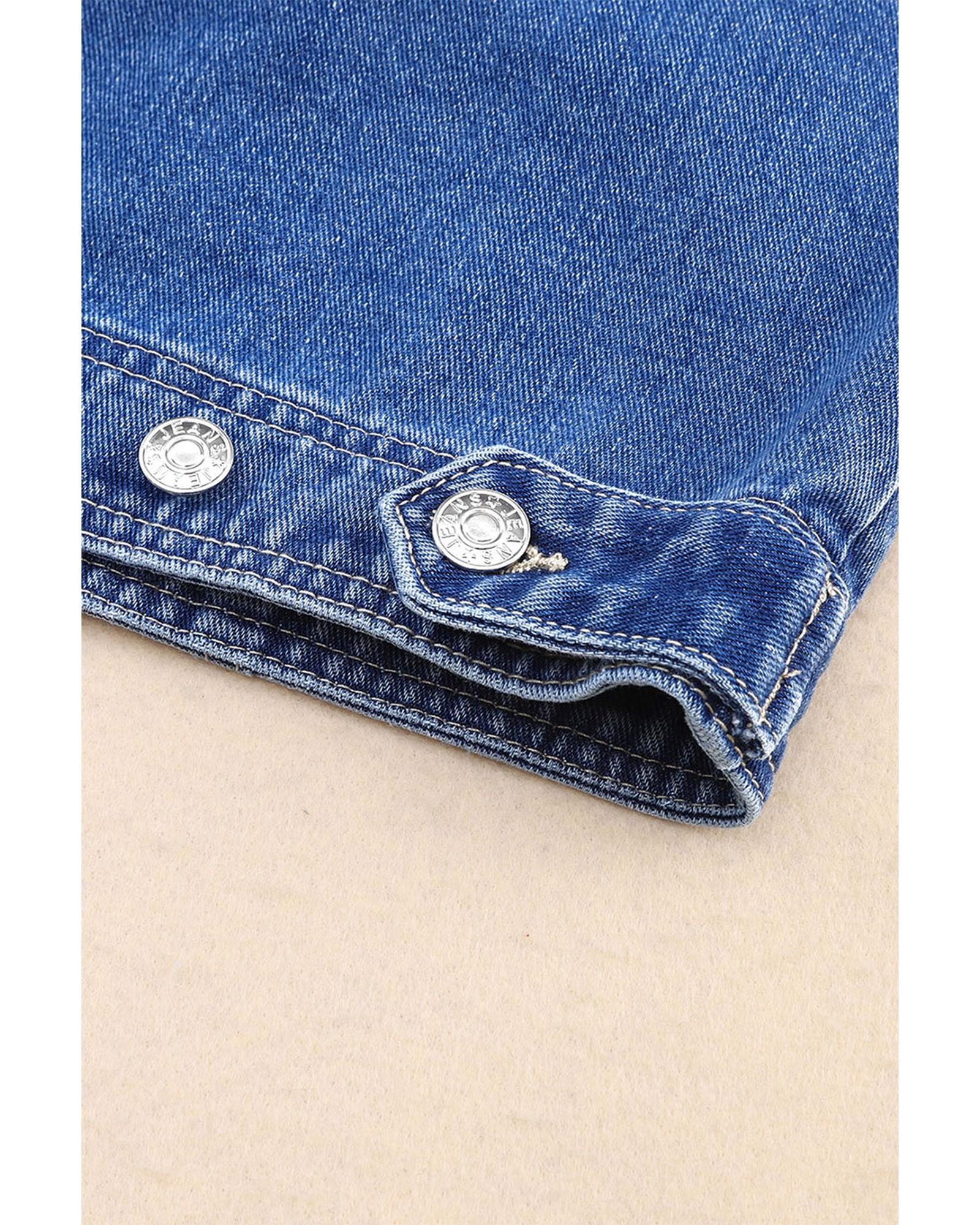 Blue Chest Pockets Drop Shoulder Loose Denim Jacket - L