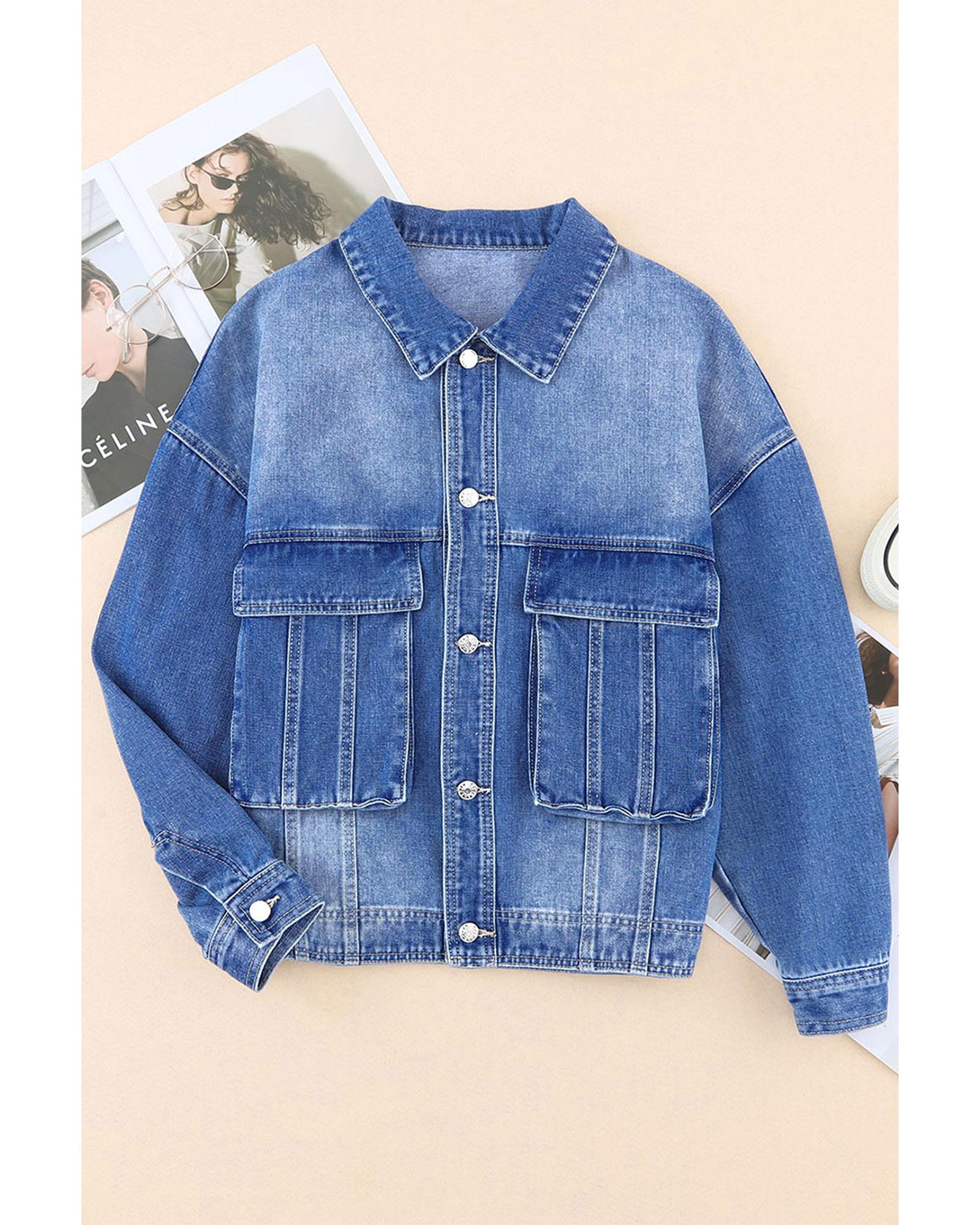 Blue Chest Pockets Drop Shoulder Loose Denim Jacket - XL