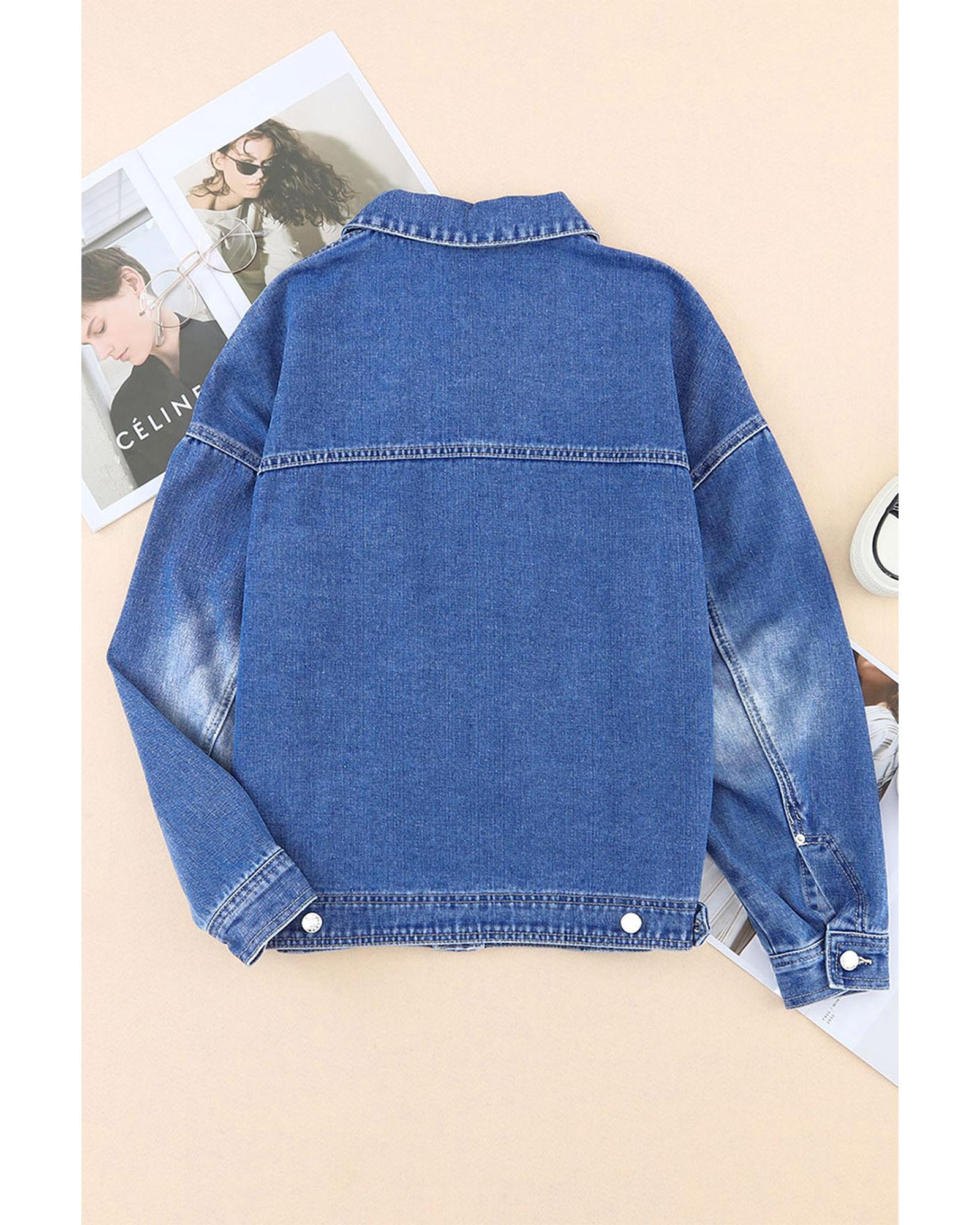Blue Chest Pockets Drop Shoulder Loose Denim Jacket - XL