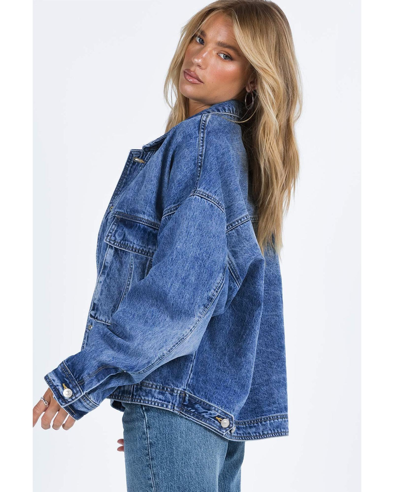 Blue Chest Pockets Drop Shoulder Loose Denim Jacket - XL