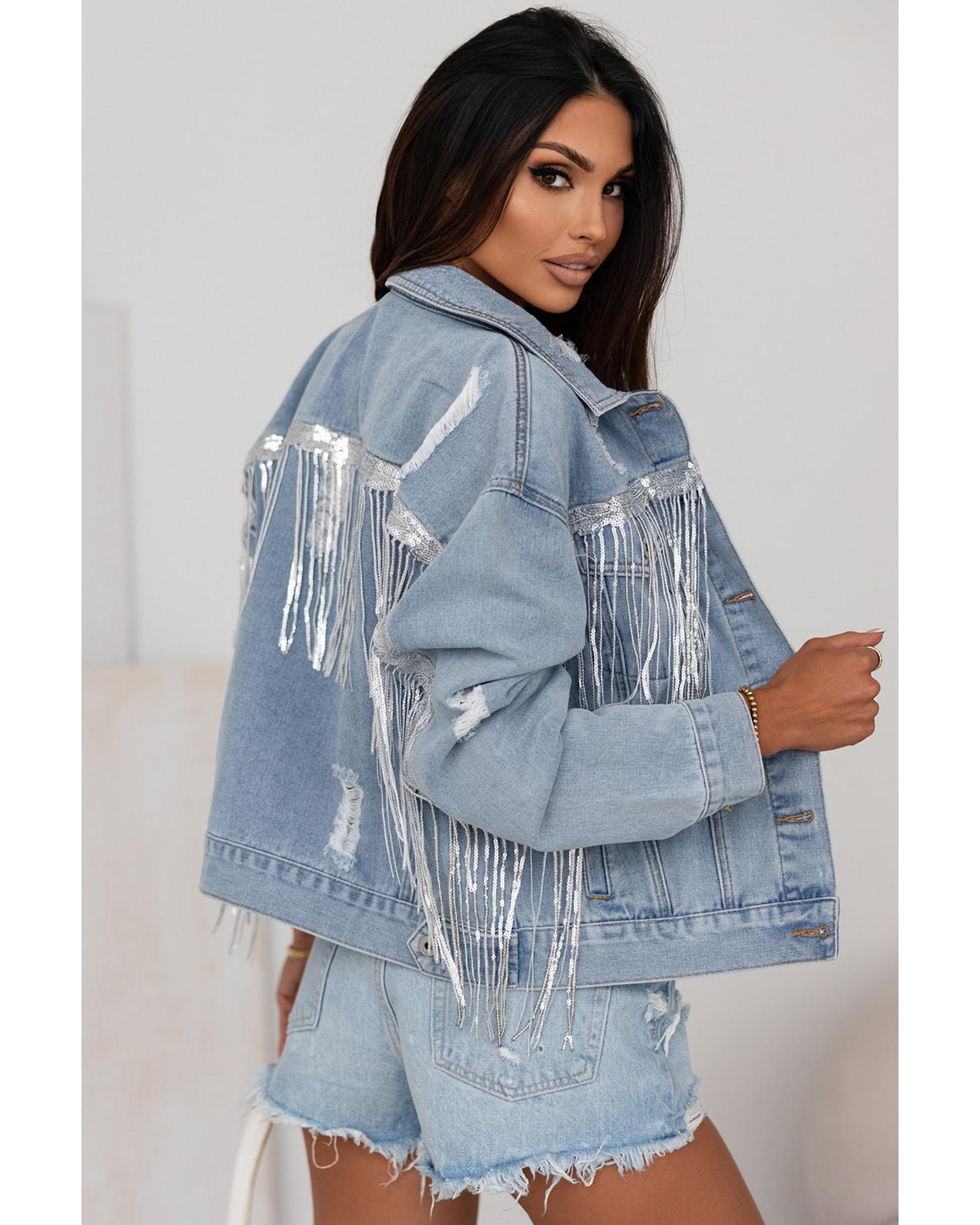 Sky Blue Sequin Embellished Fringe Distressed Denim Jacket - L