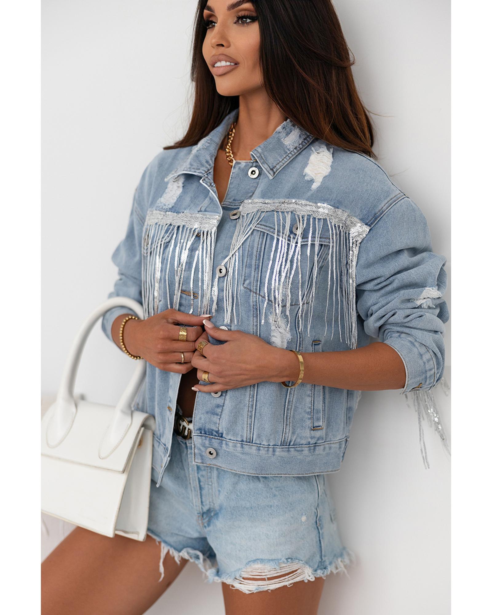 Sky Blue Sequin Embellished Fringe Distressed Denim Jacket - XL