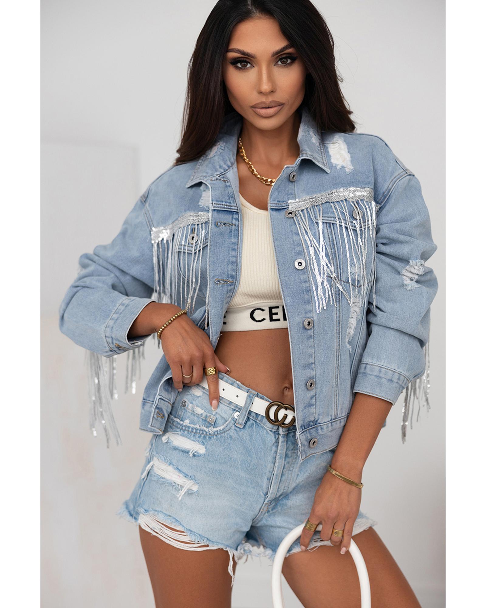 Sky Blue Sequin Embellished Fringe Distressed Denim Jacket - XL