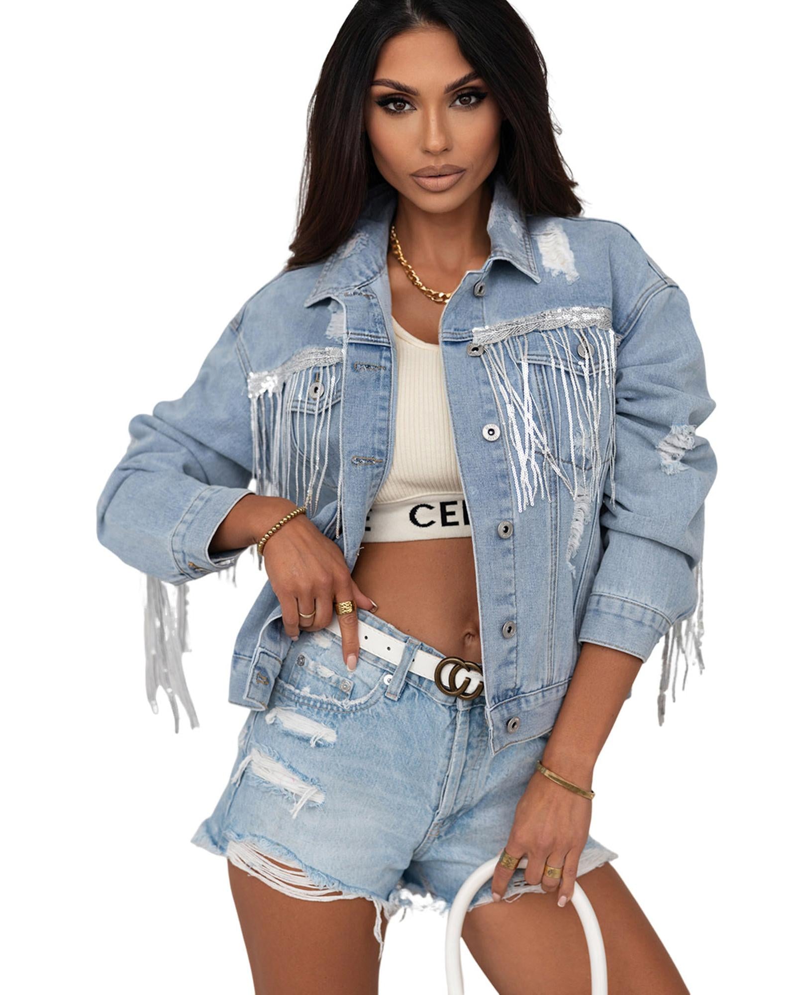 Sky Blue Sequin Embellished Fringe Distressed Denim Jacket - XL