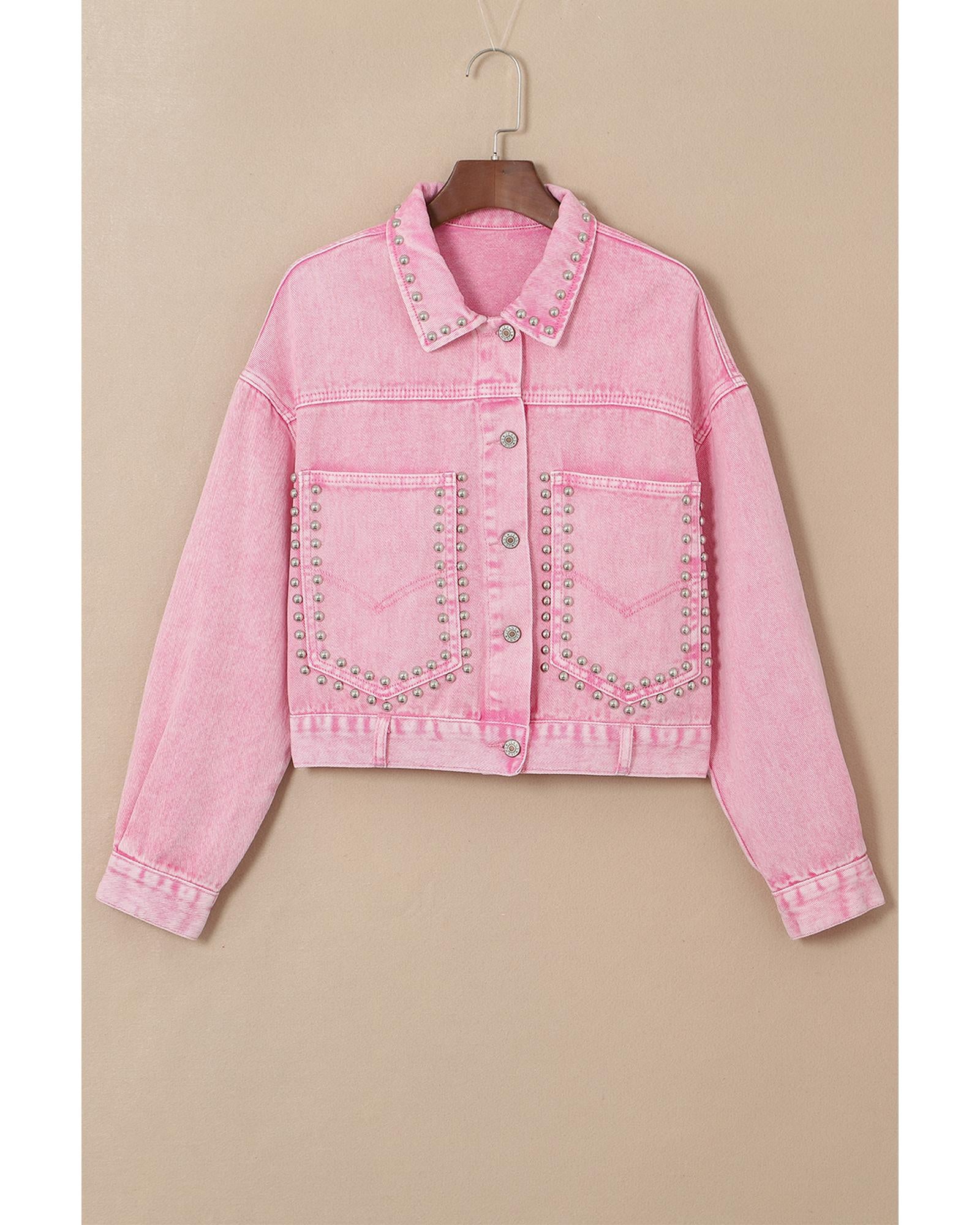 Pink Rivet Studded Pocketed Denim Jacket - L