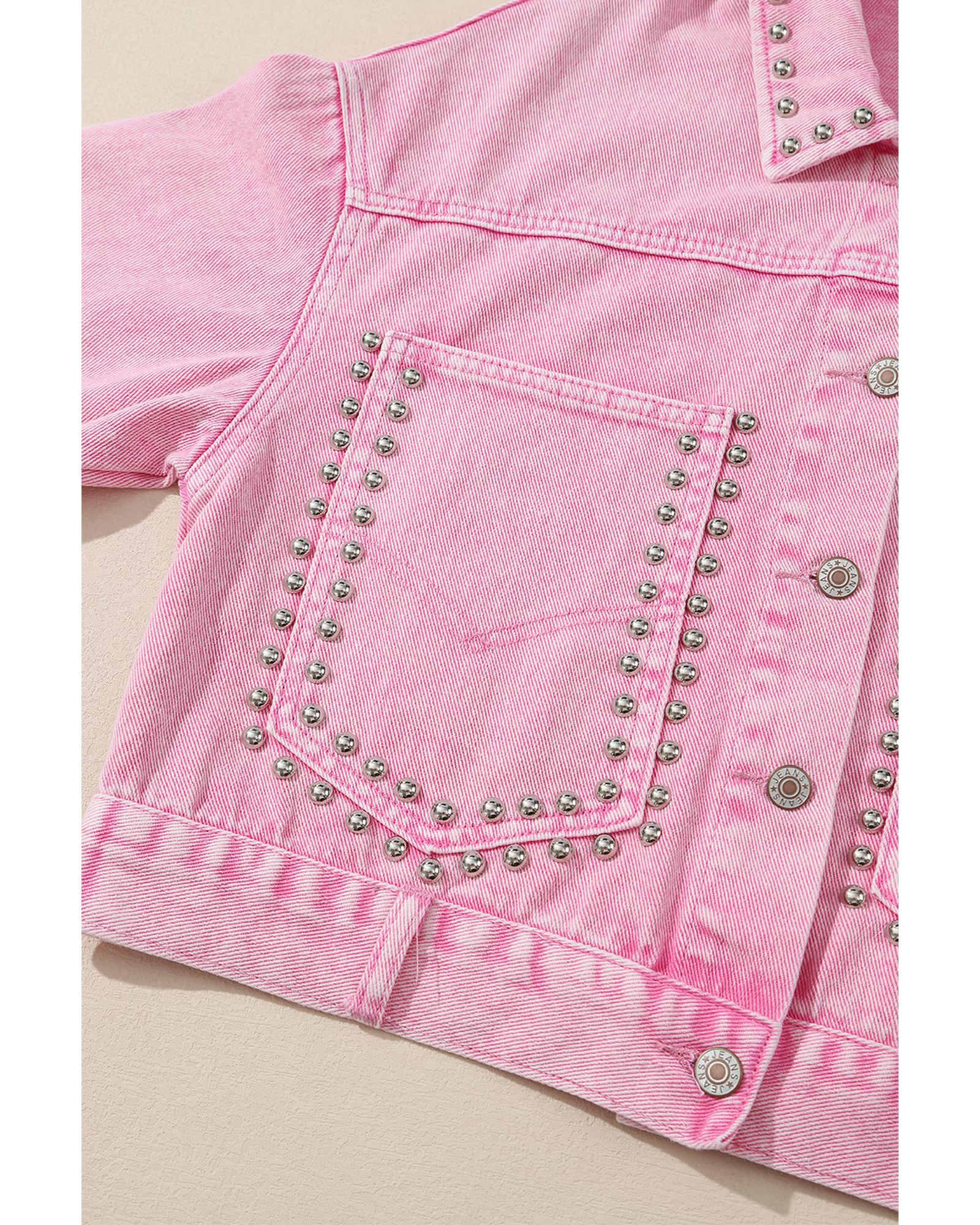 Pink Rivet Studded Pocketed Denim Jacket - L