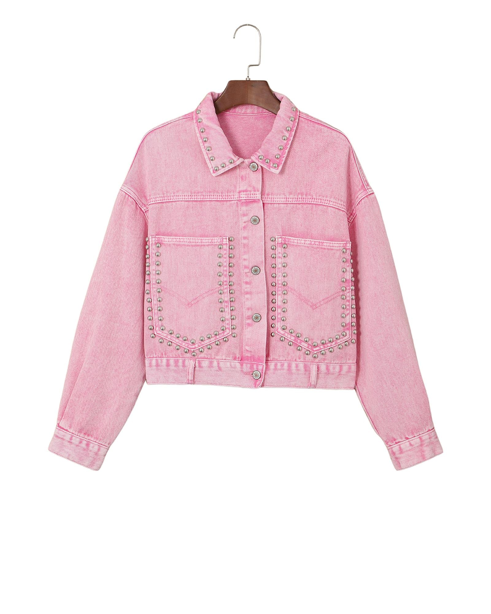 Pink Rivet Studded Pocketed Denim Jacket - L