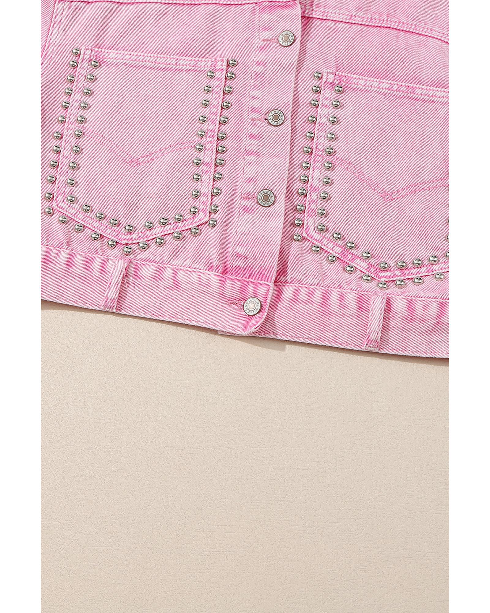 Pink Rivet Studded Pocketed Denim Jacket - L