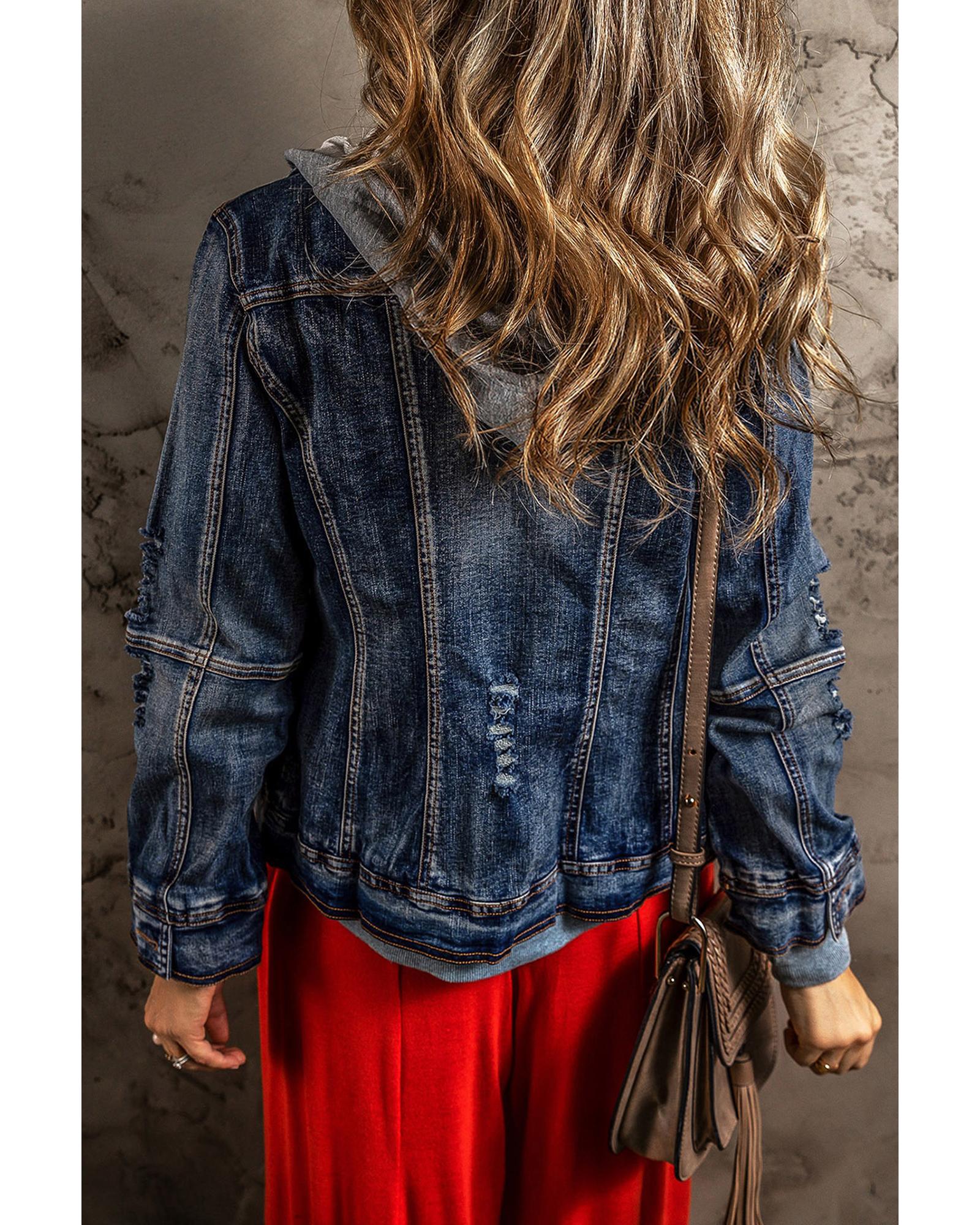 Dark Blue Fake Two-Piece Hooded Zip-Up Denim Jacket - XL