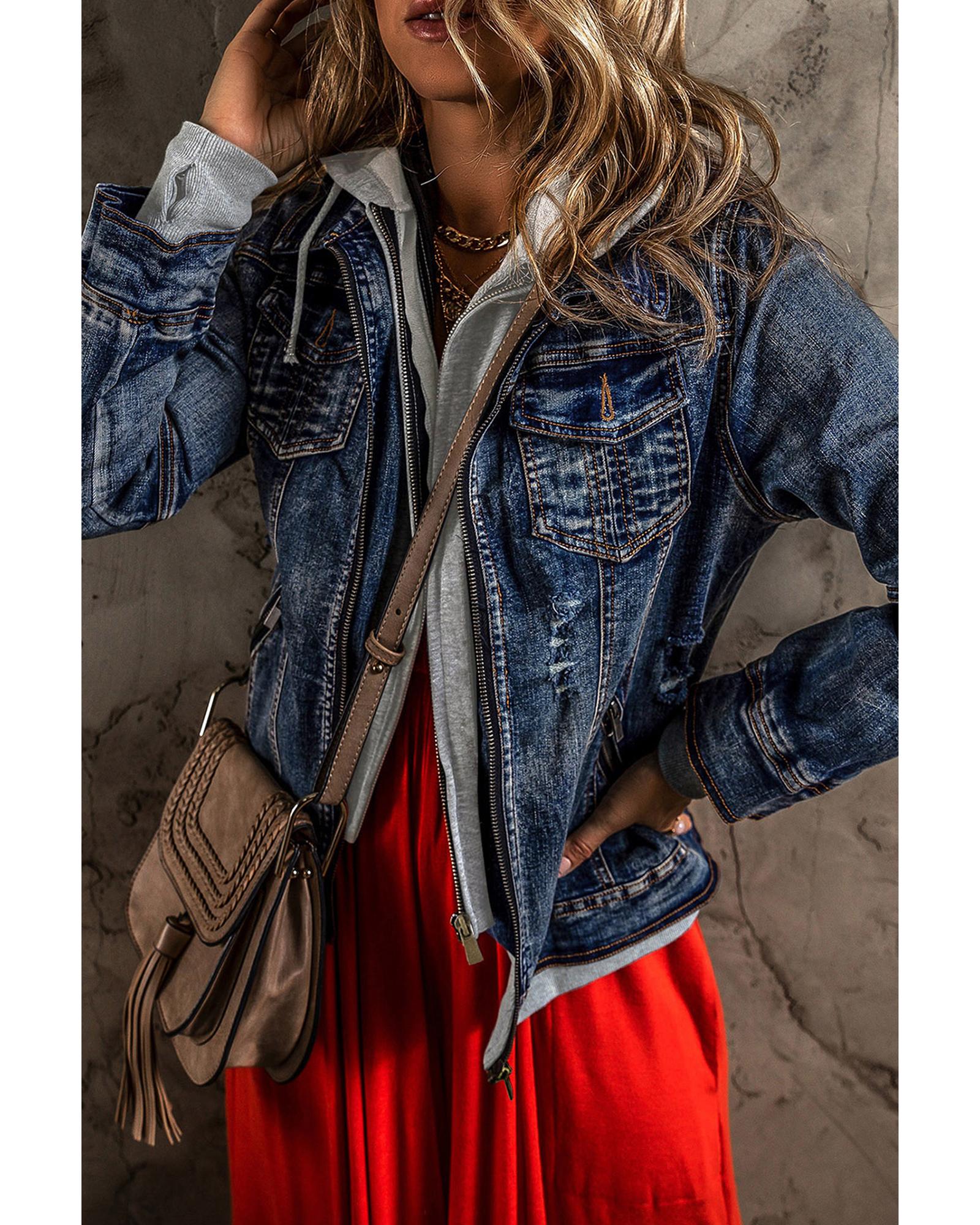 Dark Blue Fake Two-Piece Hooded Zip-Up Denim Jacket - XL