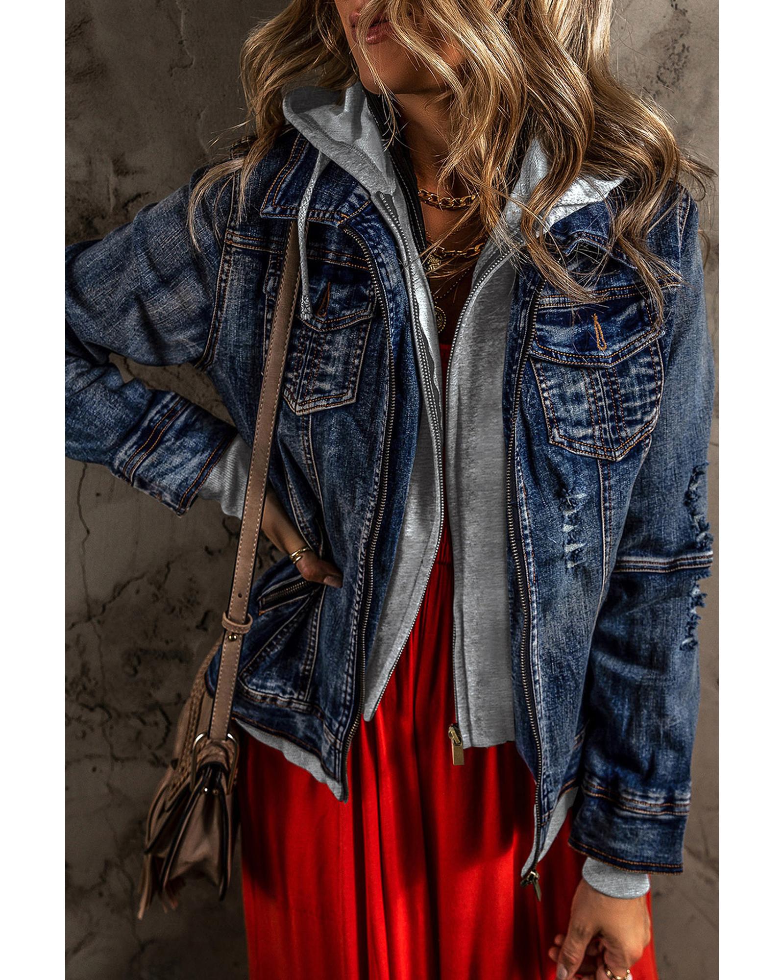 Dark Blue Fake Two-Piece Hooded Zip-Up Denim Jacket - XL
