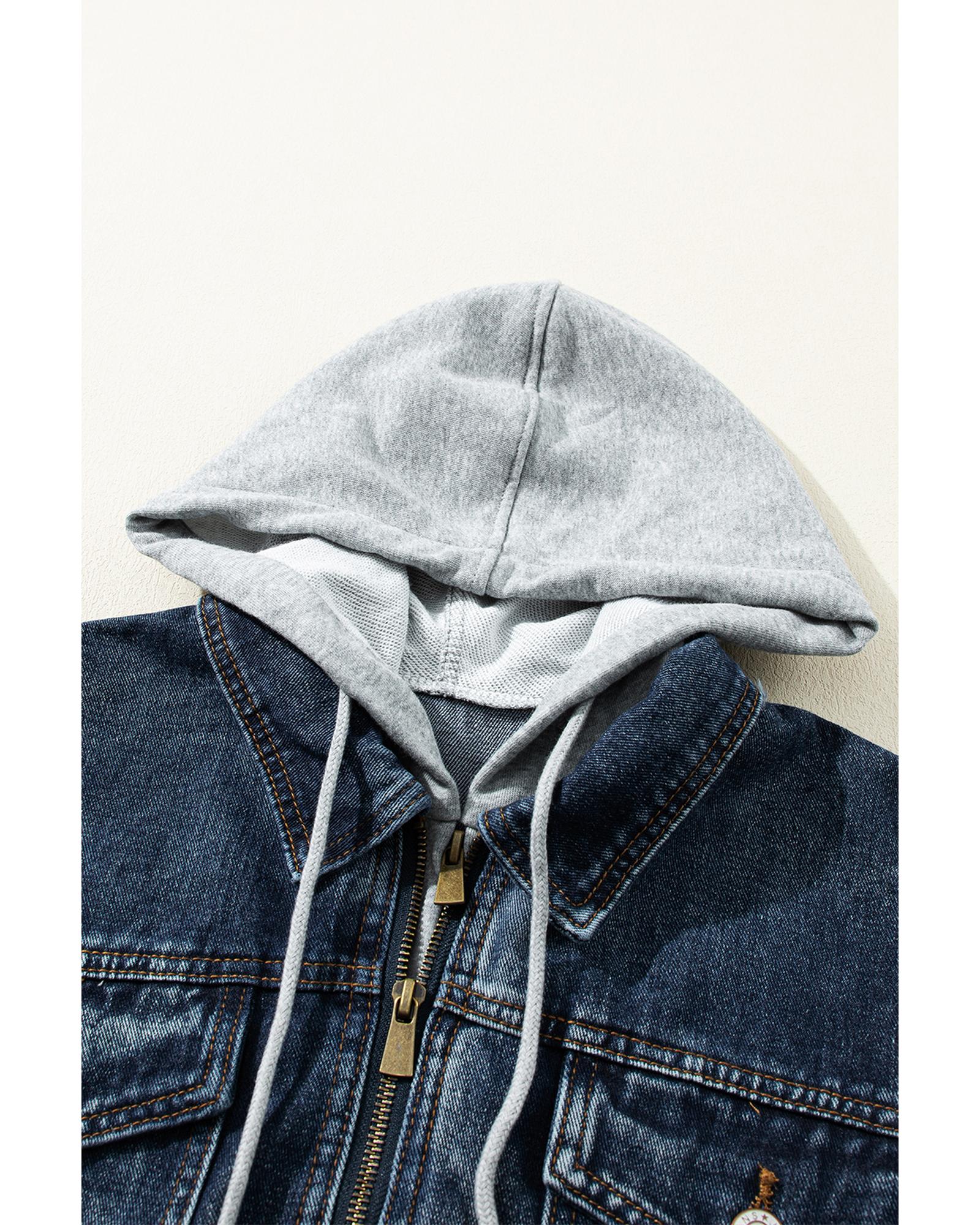 Dark Blue Fake Two-Piece Hooded Zip-Up Denim Jacket - XL