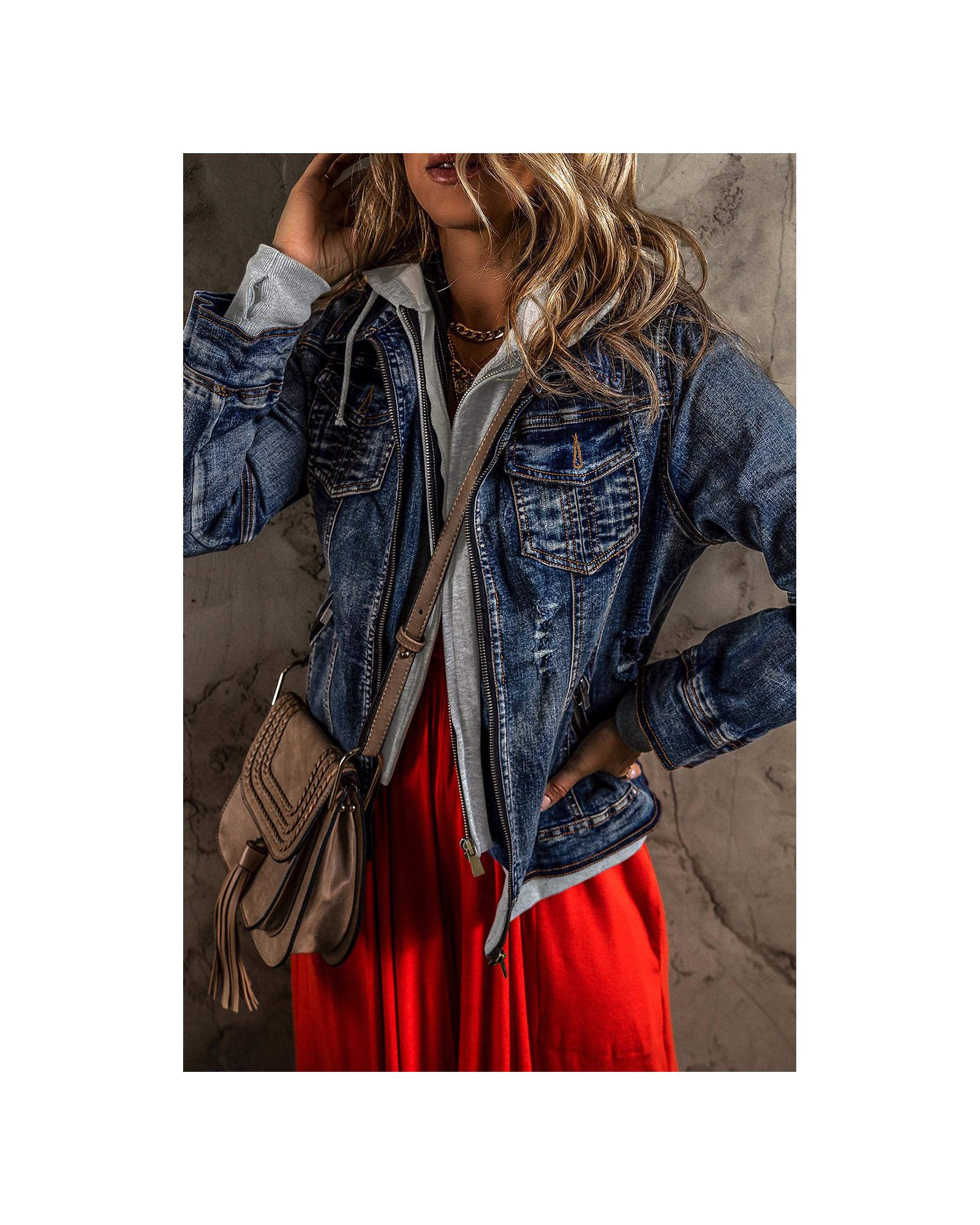 Dark Blue Fake Two-Piece Hooded Zip-Up Denim Jacket - XL