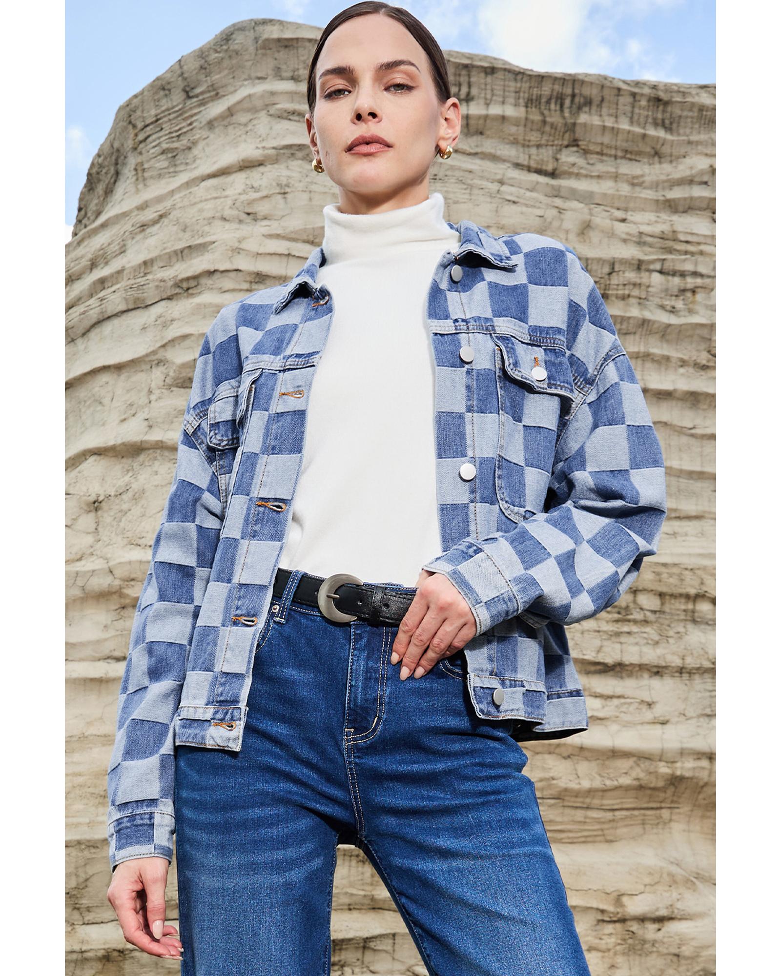 Light Blue Checkered Patchwork Button up Denim Jacket - S