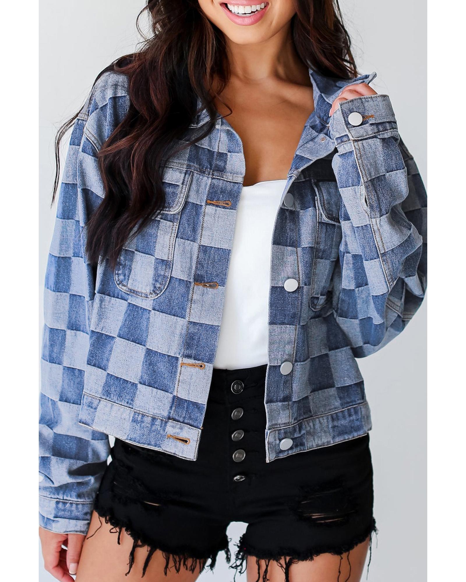 Light Blue Checkered Patchwork Button up Denim Jacket - XL