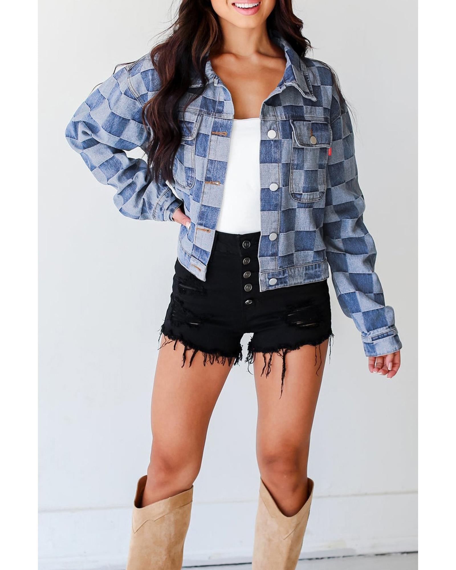 Light Blue Checkered Patchwork Button up Denim Jacket - XL