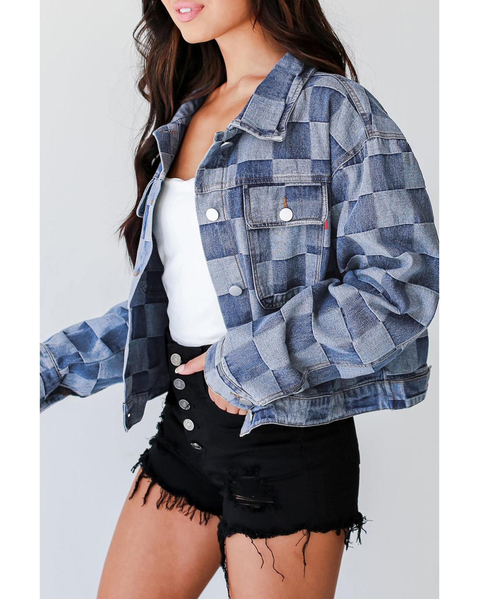 Light Blue Checkered Patchwork Button up Denim Jacket - XL