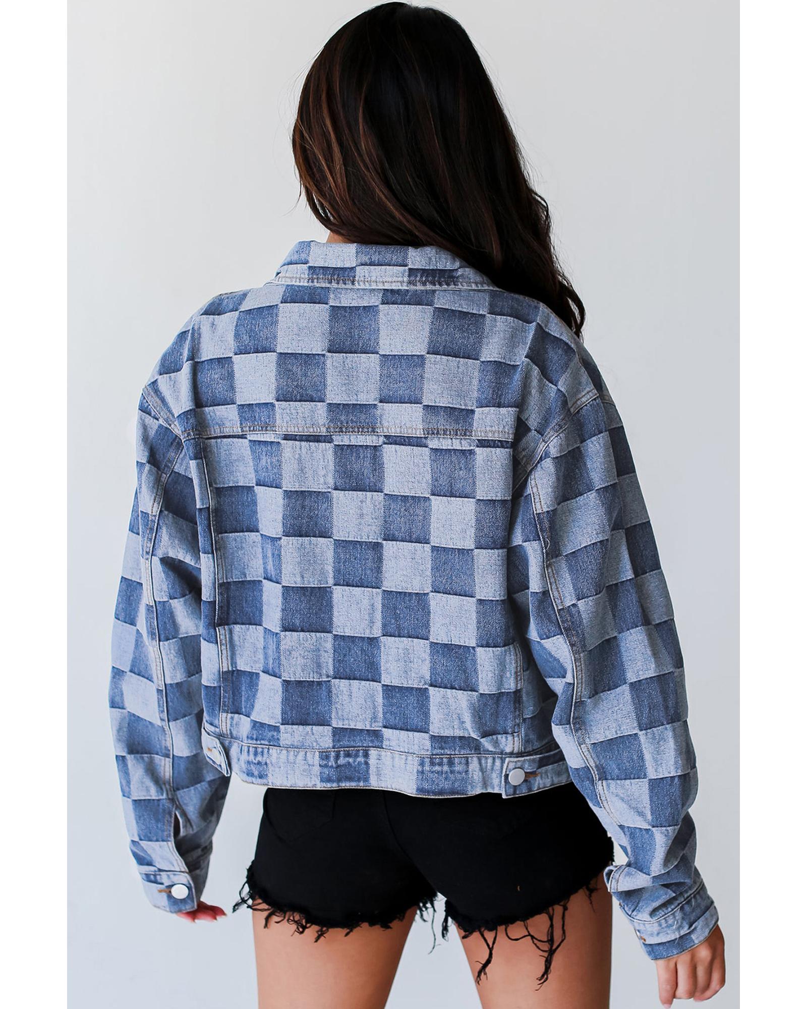 Light Blue Checkered Patchwork Button up Denim Jacket - XL