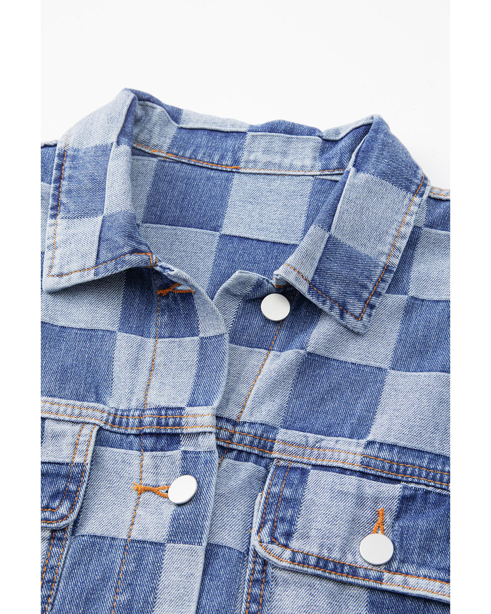 Light Blue Checkered Patchwork Button up Denim Jacket - XL