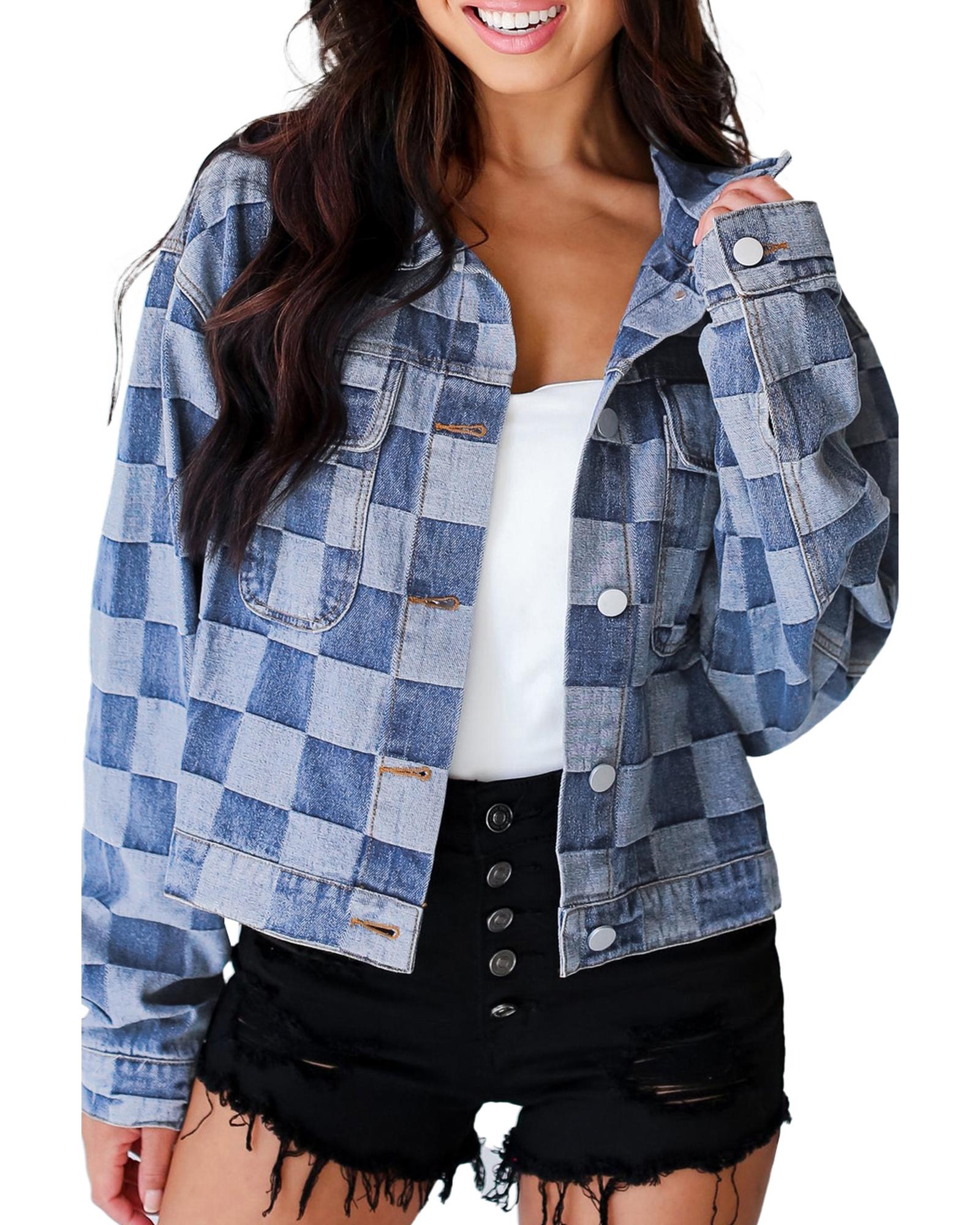 Light Blue Checkered Patchwork Button up Denim Jacket - XL