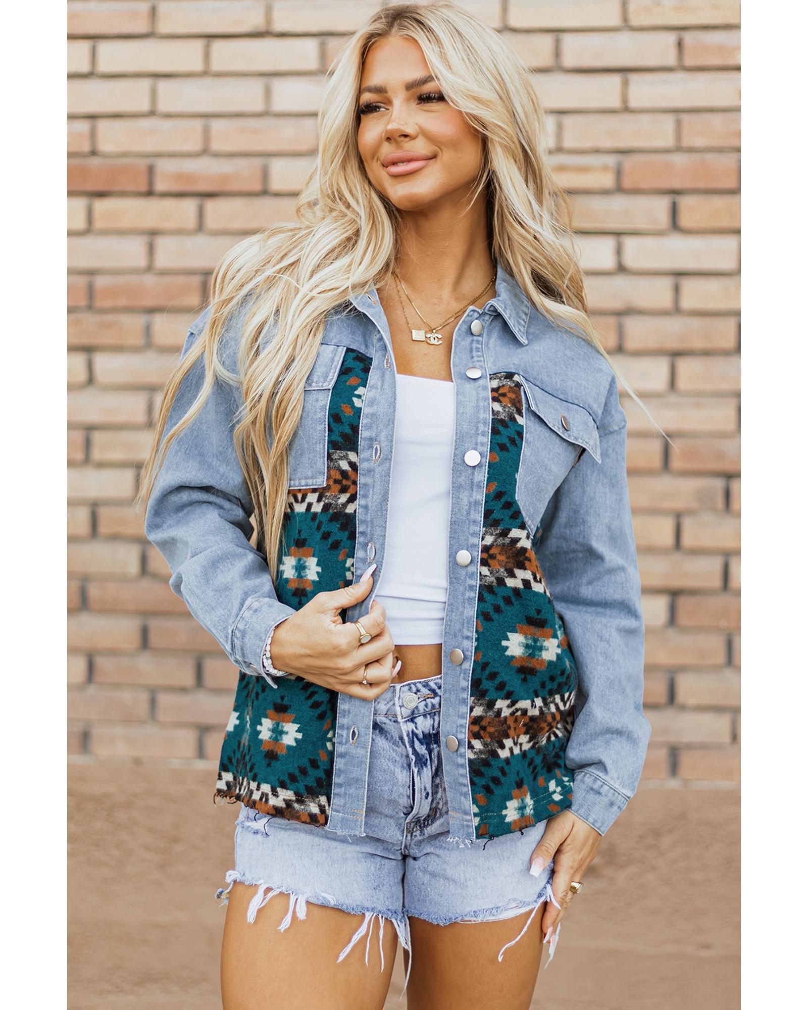 Blue Aztec Printed Denim Jacket - M