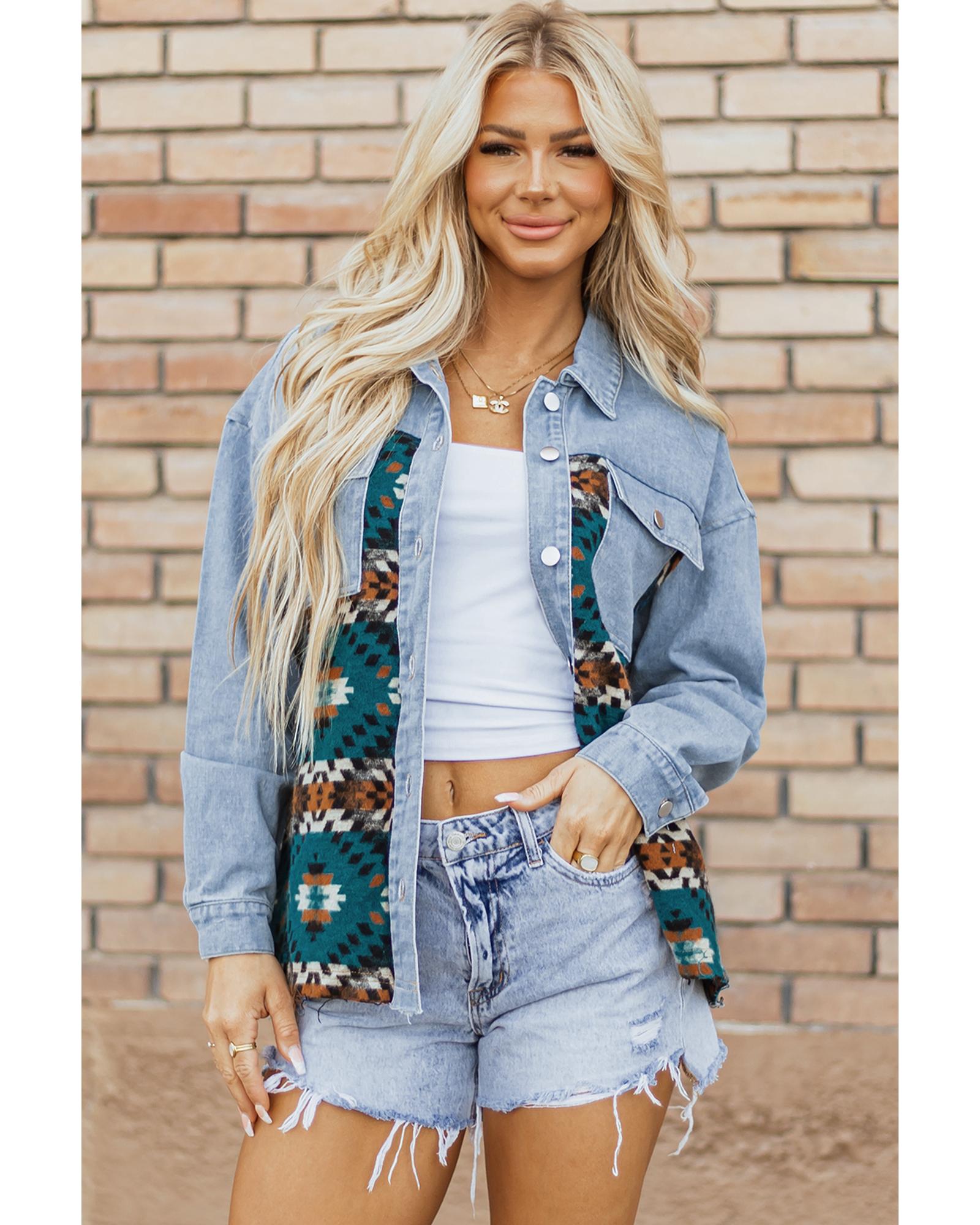 Blue Aztec Printed Denim Jacket - M