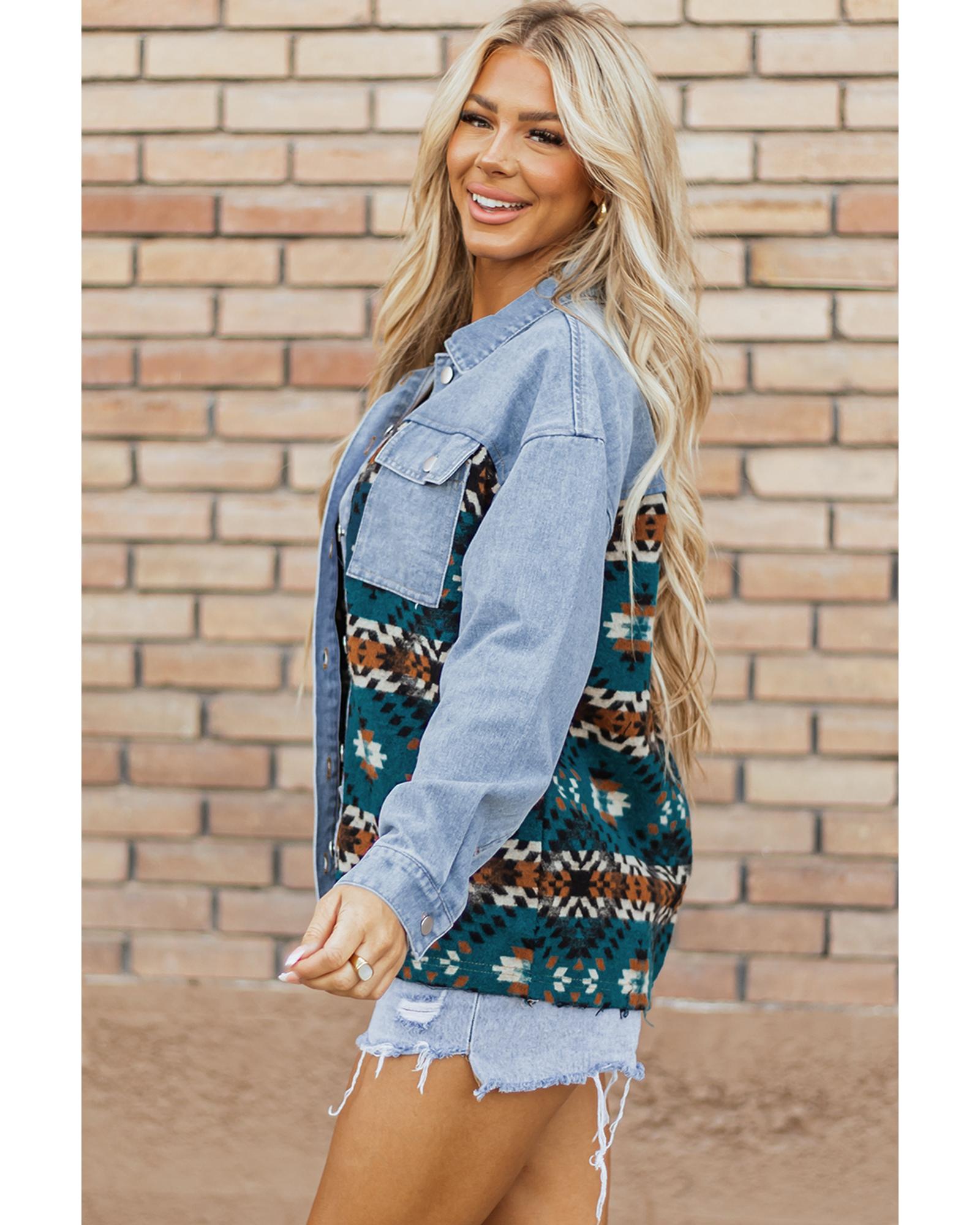Blue Aztec Printed Denim Jacket - S
