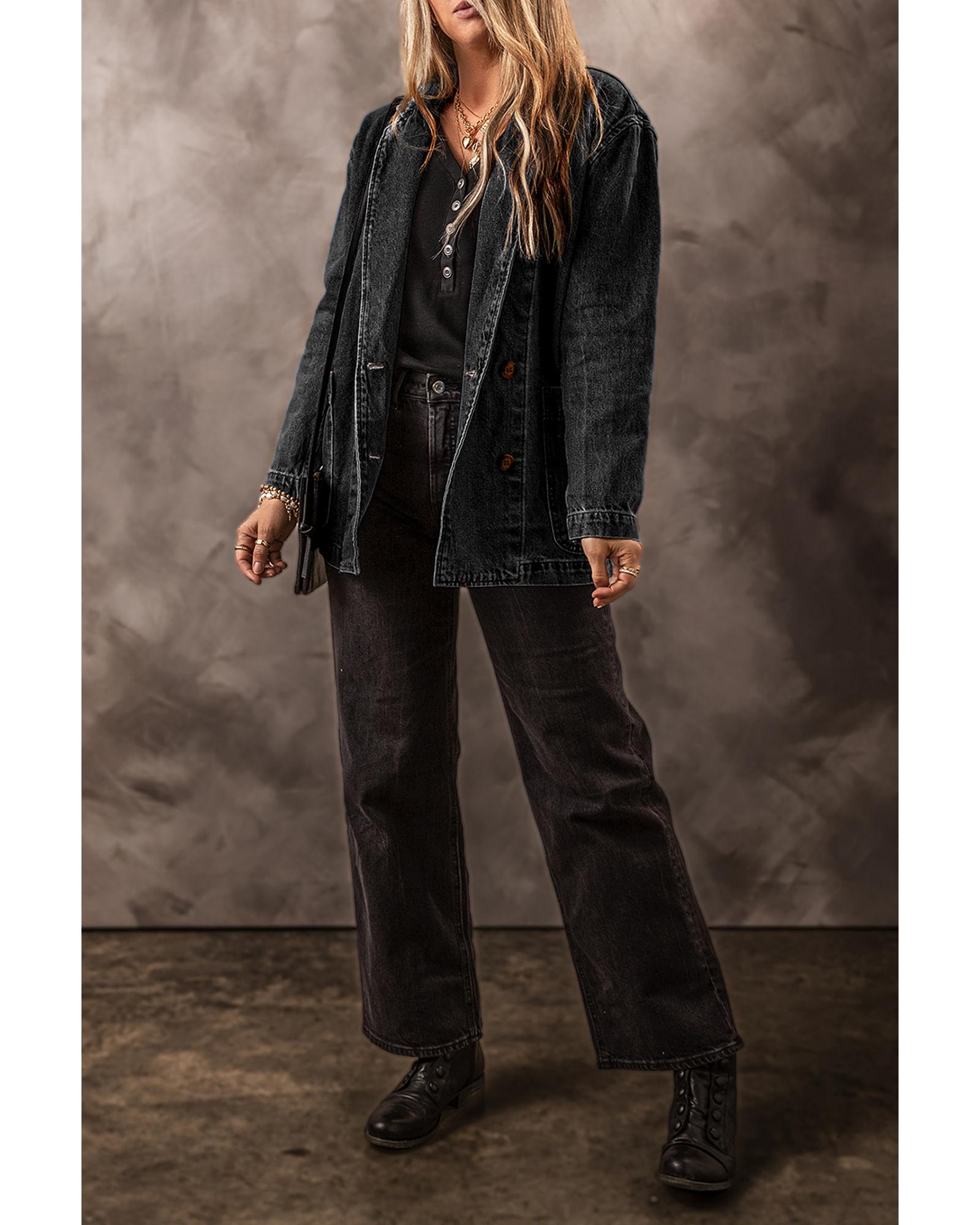 Black Side Pockets Lapel Collar Denim Jacket - L