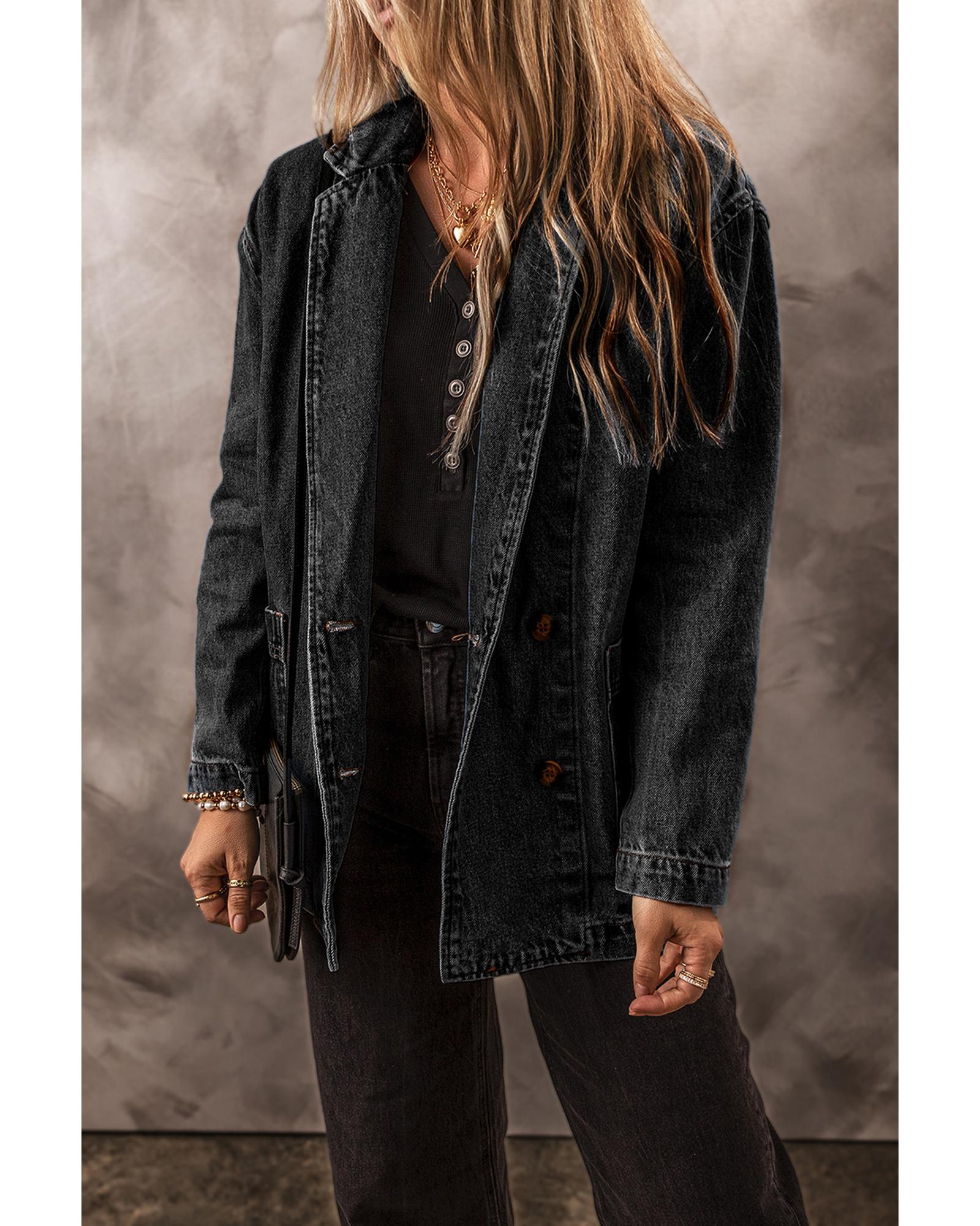 Black Side Pockets Lapel Collar Denim Jacket - L