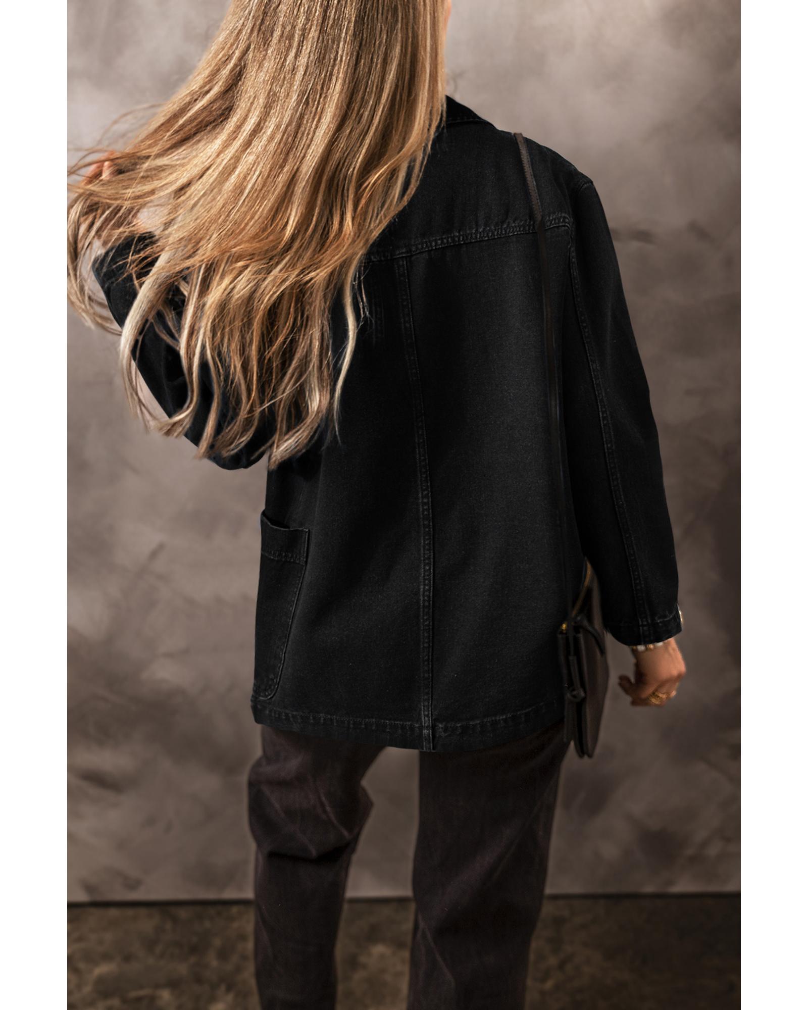 Black Side Pockets Lapel Collar Denim Jacket - L