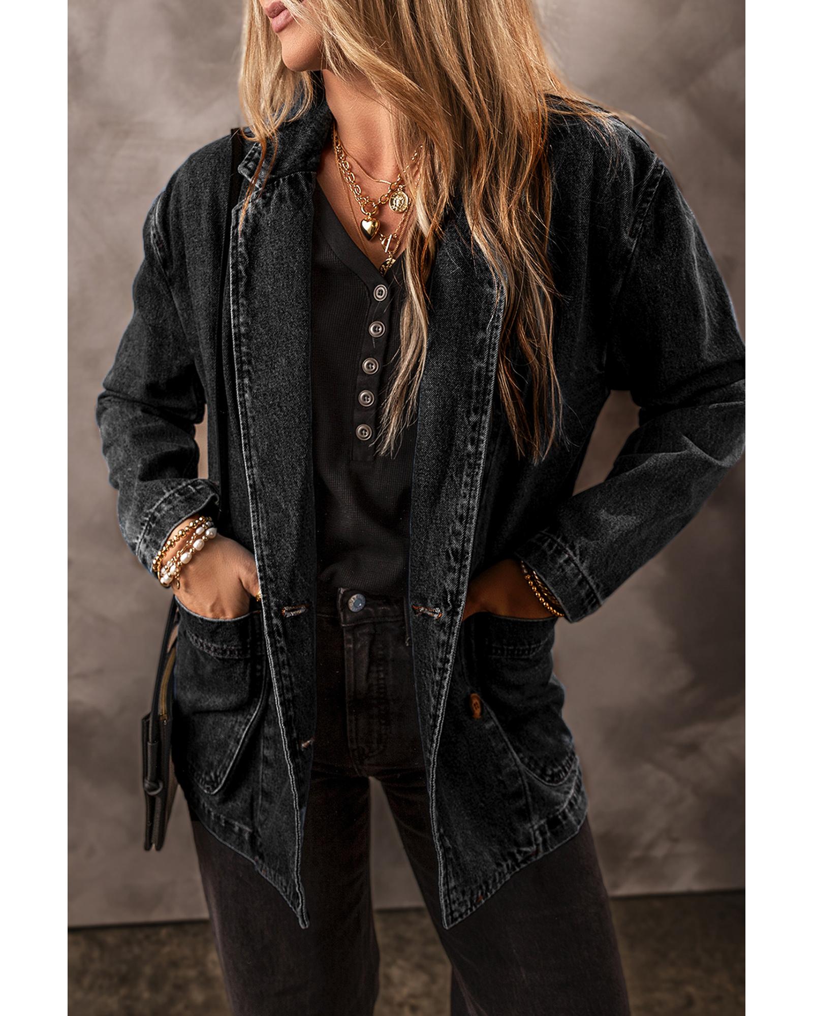 Black Side Pockets Lapel Collar Denim Jacket - L