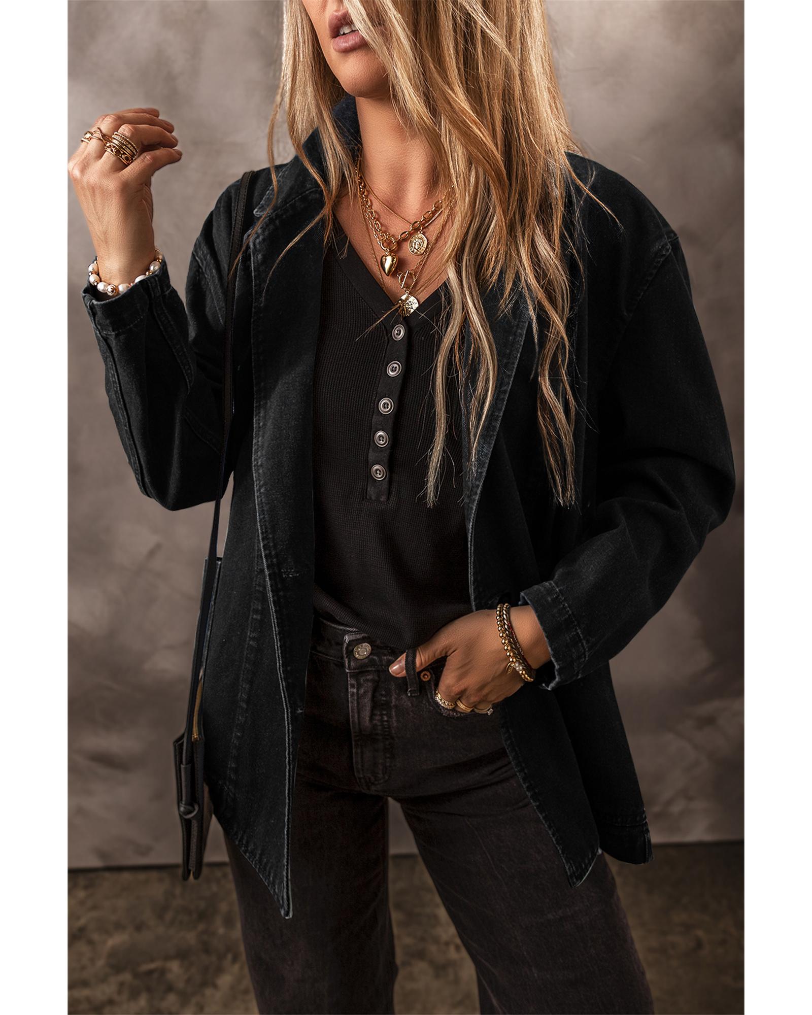 Black Side Pockets Lapel Collar Denim Jacket - M