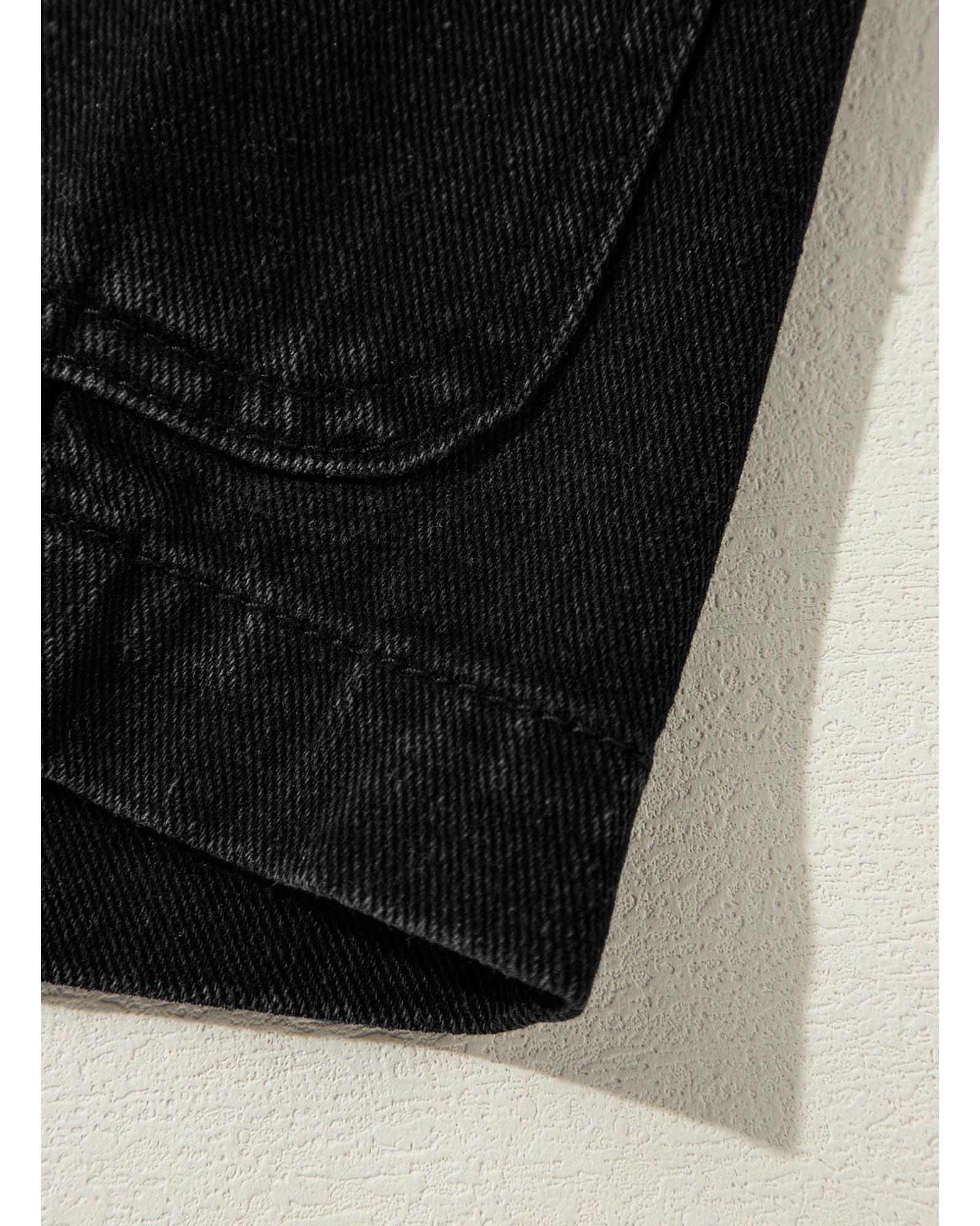 Black Side Pockets Lapel Collar Denim Jacket - M