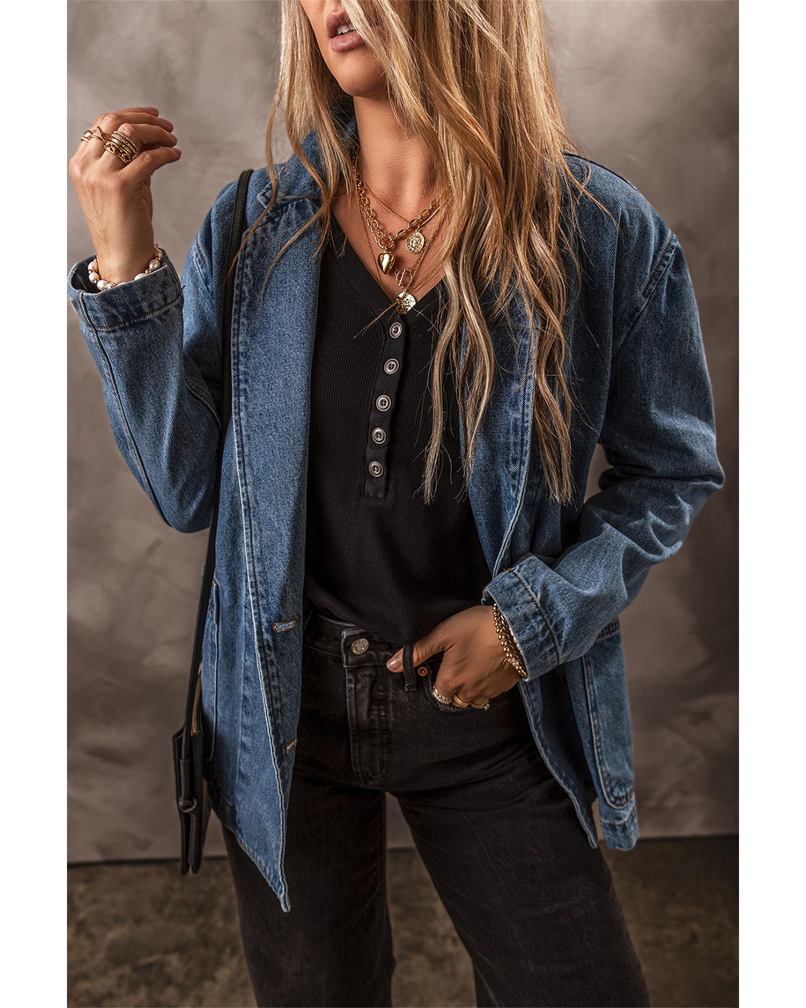 Sail Blue Side Pockets Lapel Collar Denim Jacket - L
