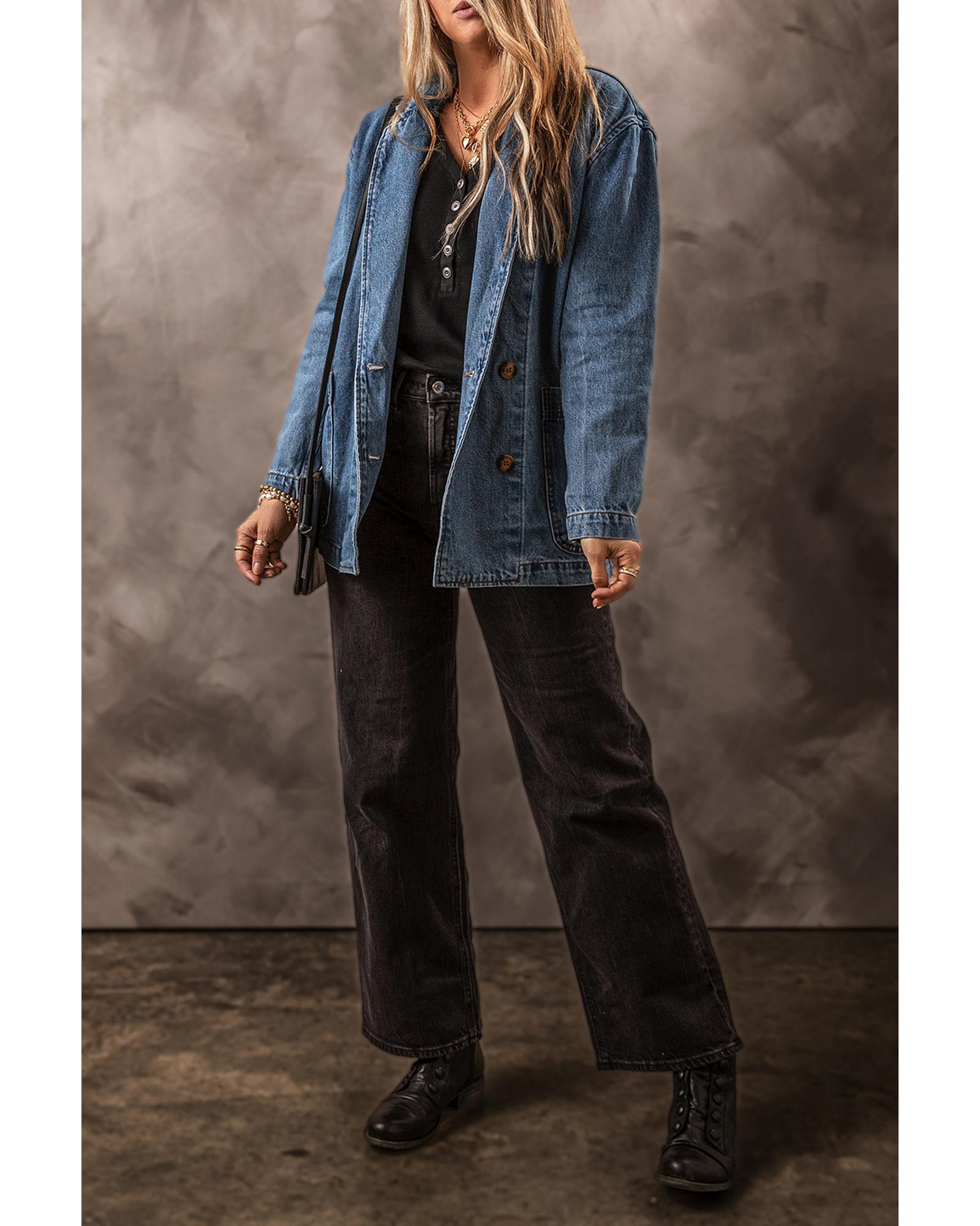 Sail Blue Side Pockets Lapel Collar Denim Jacket - L