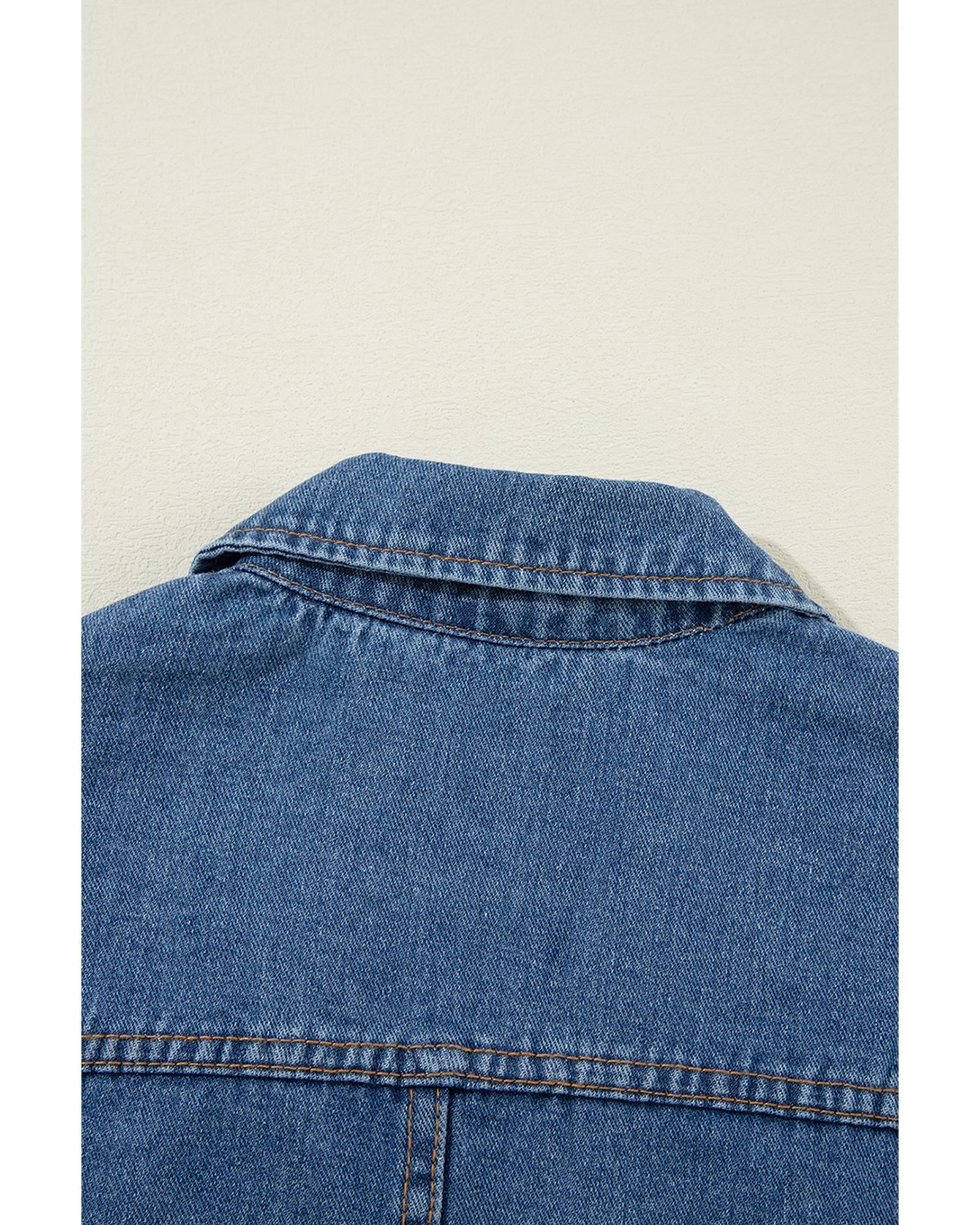 Sail Blue Side Pockets Lapel Collar Denim Jacket - L