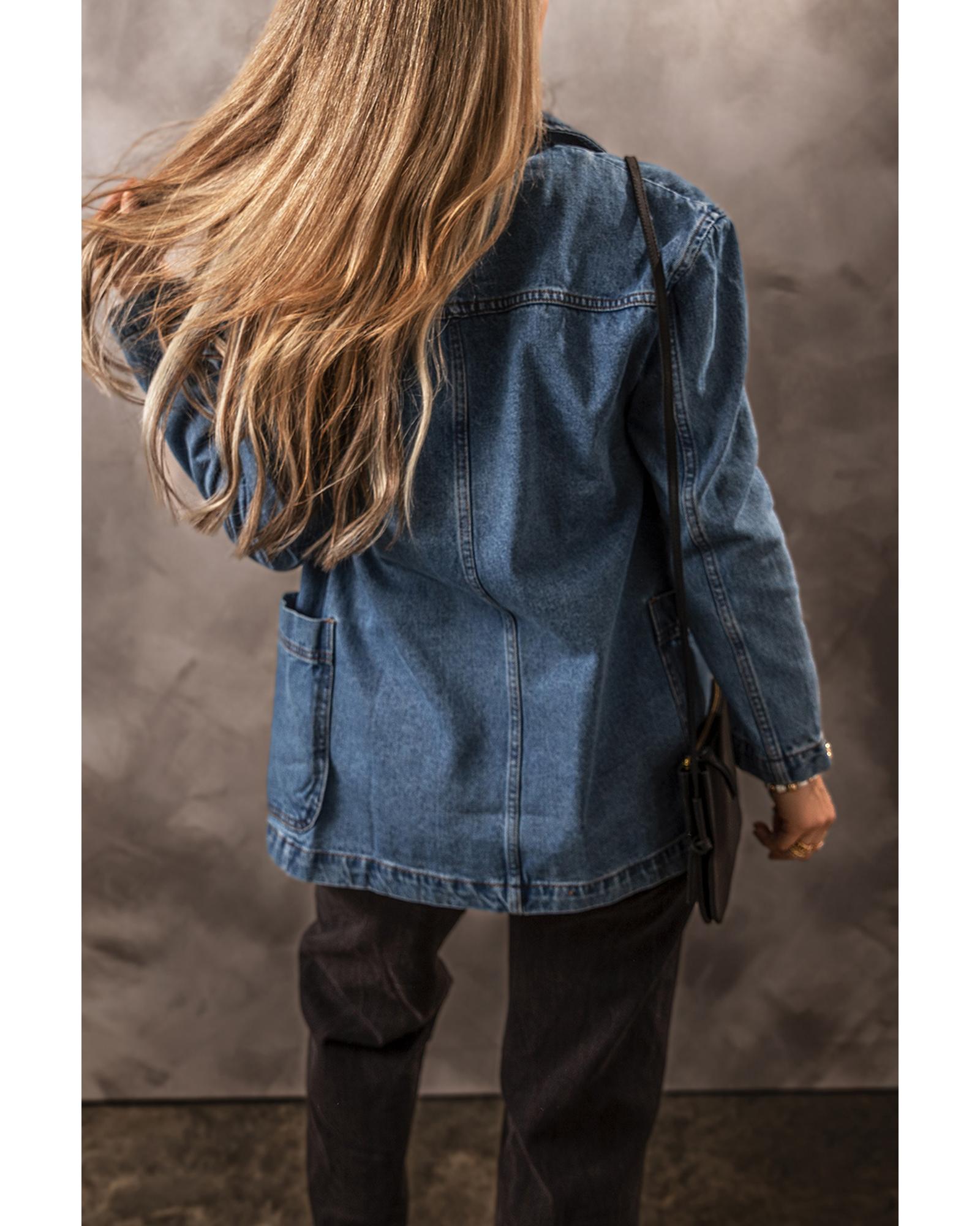 Sail Blue Side Pockets Lapel Collar Denim Jacket - L