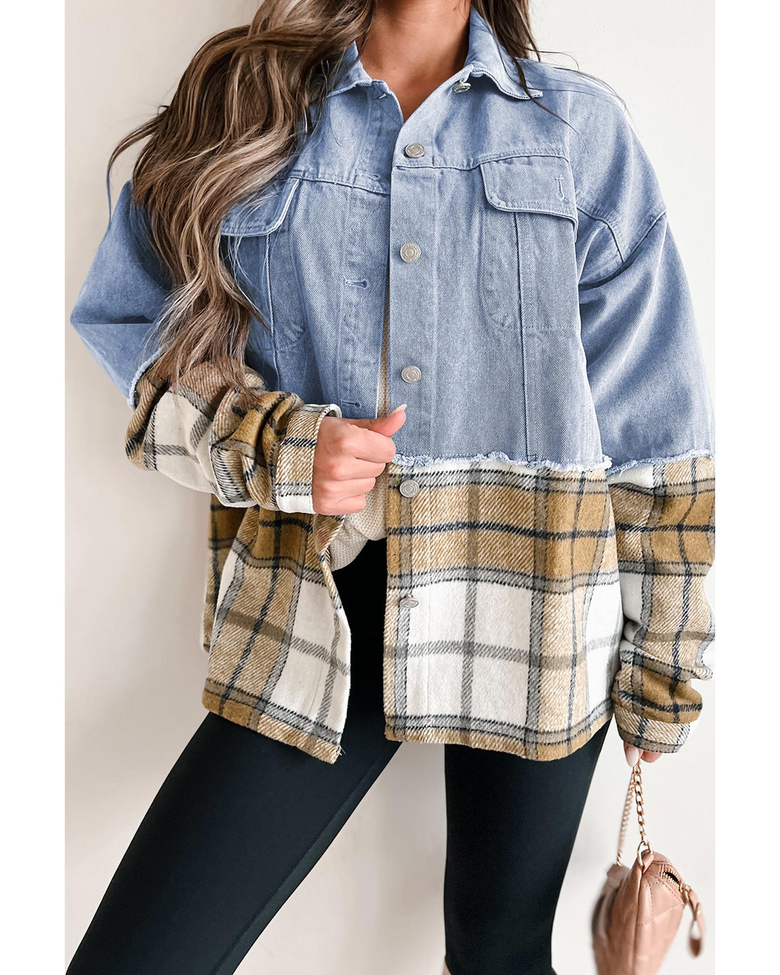 Khaki Plaid Patchwork Buttoned Oversized Denim Jacket - L