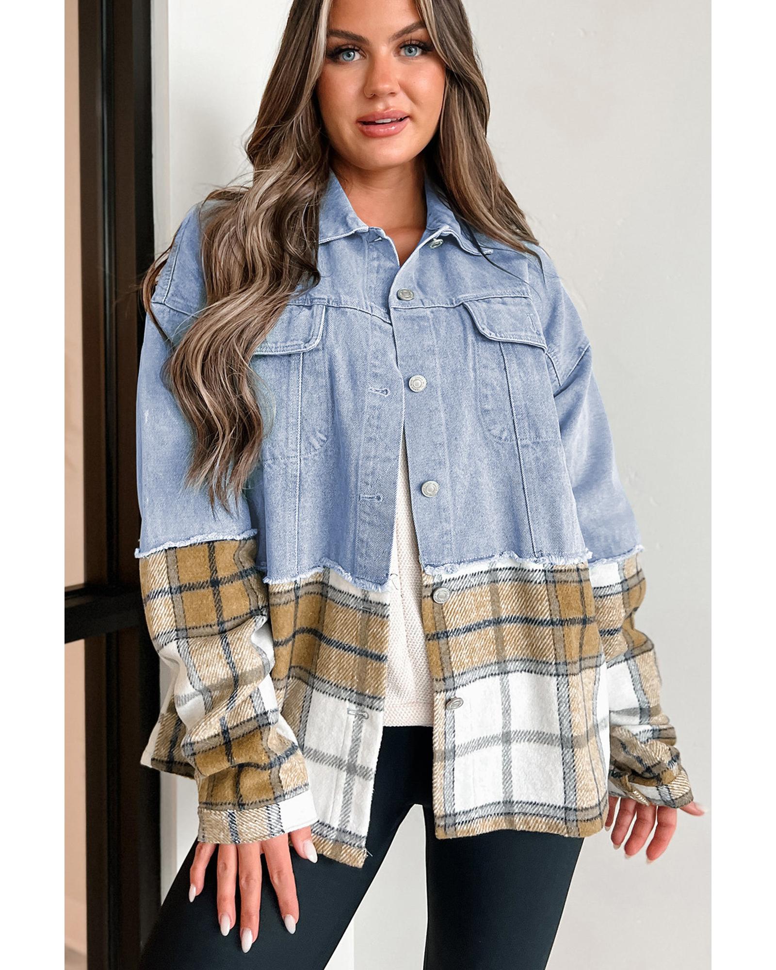 Khaki Plaid Patchwork Buttoned Oversized Denim Jacket - M
