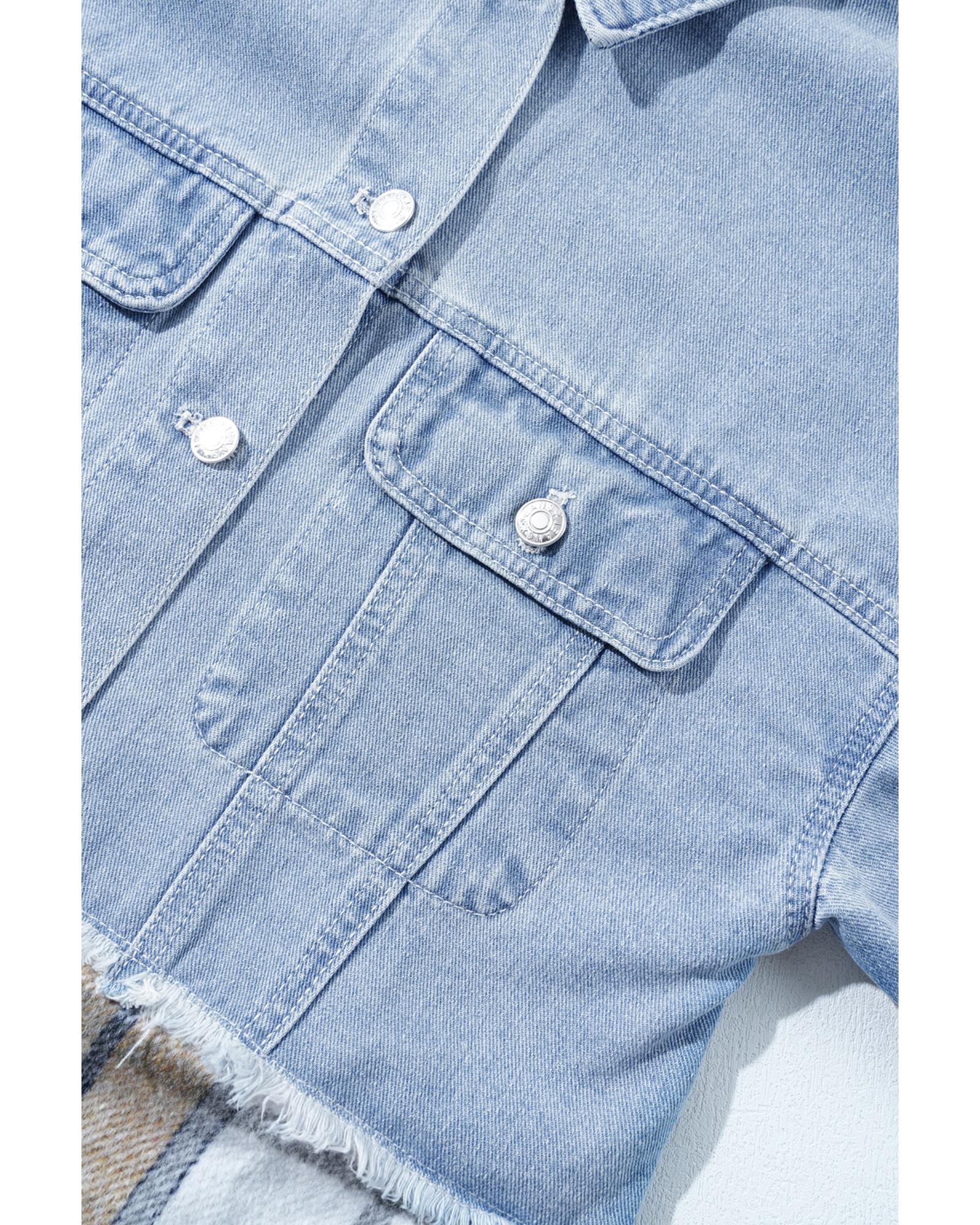 Khaki Plaid Patchwork Buttoned Oversized Denim Jacket - M