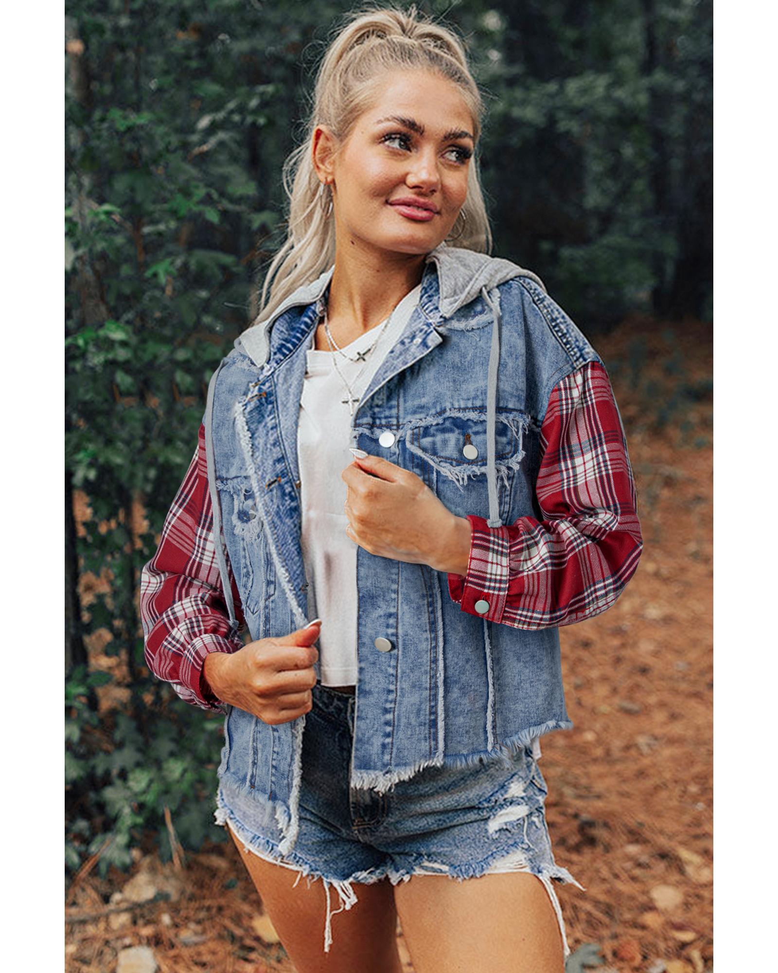 Beau Blue Plaid Print Patchwork Hooded Raw Hem Denim Jacket - L