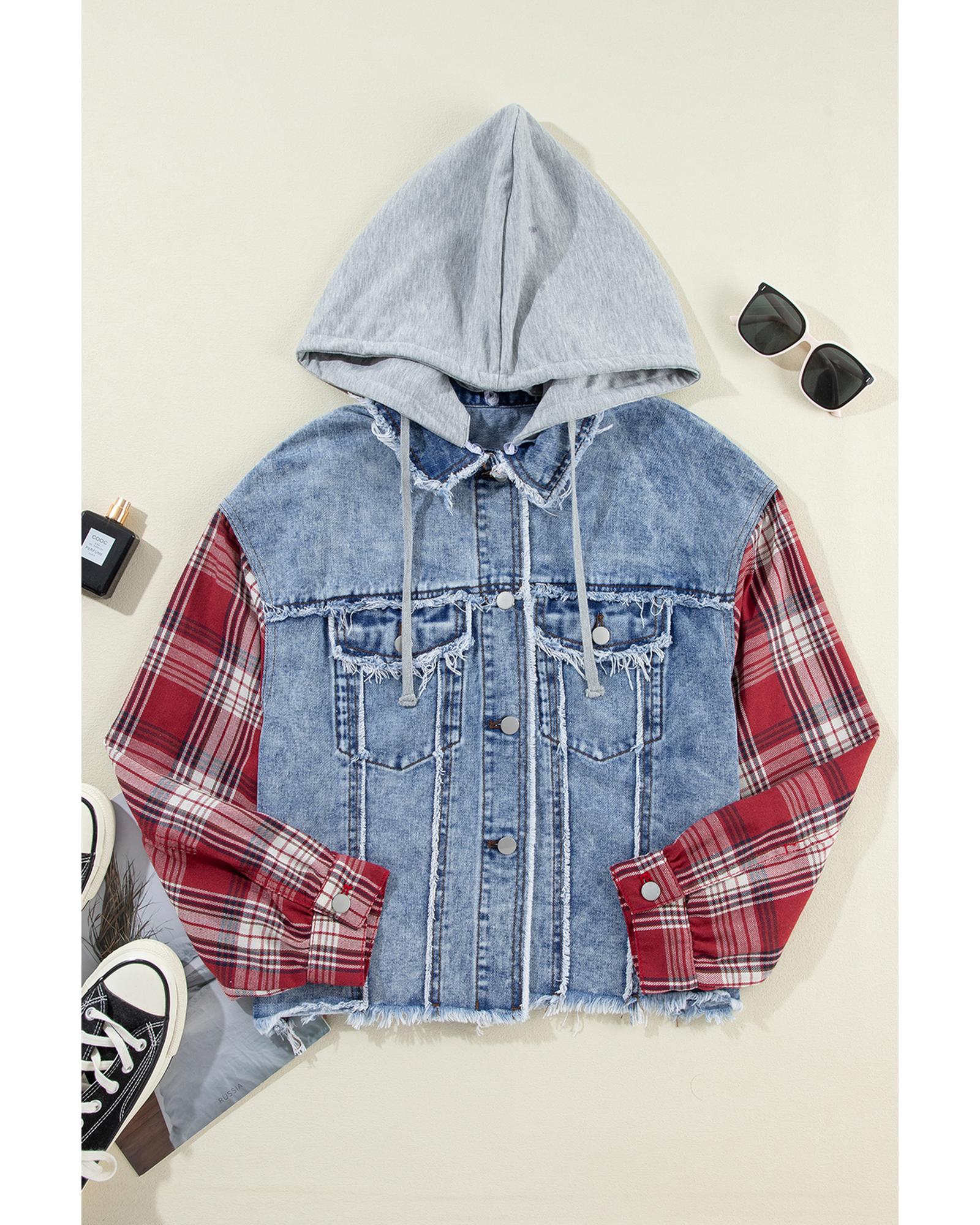 Beau Blue Plaid Print Patchwork Hooded Raw Hem Denim Jacket - S