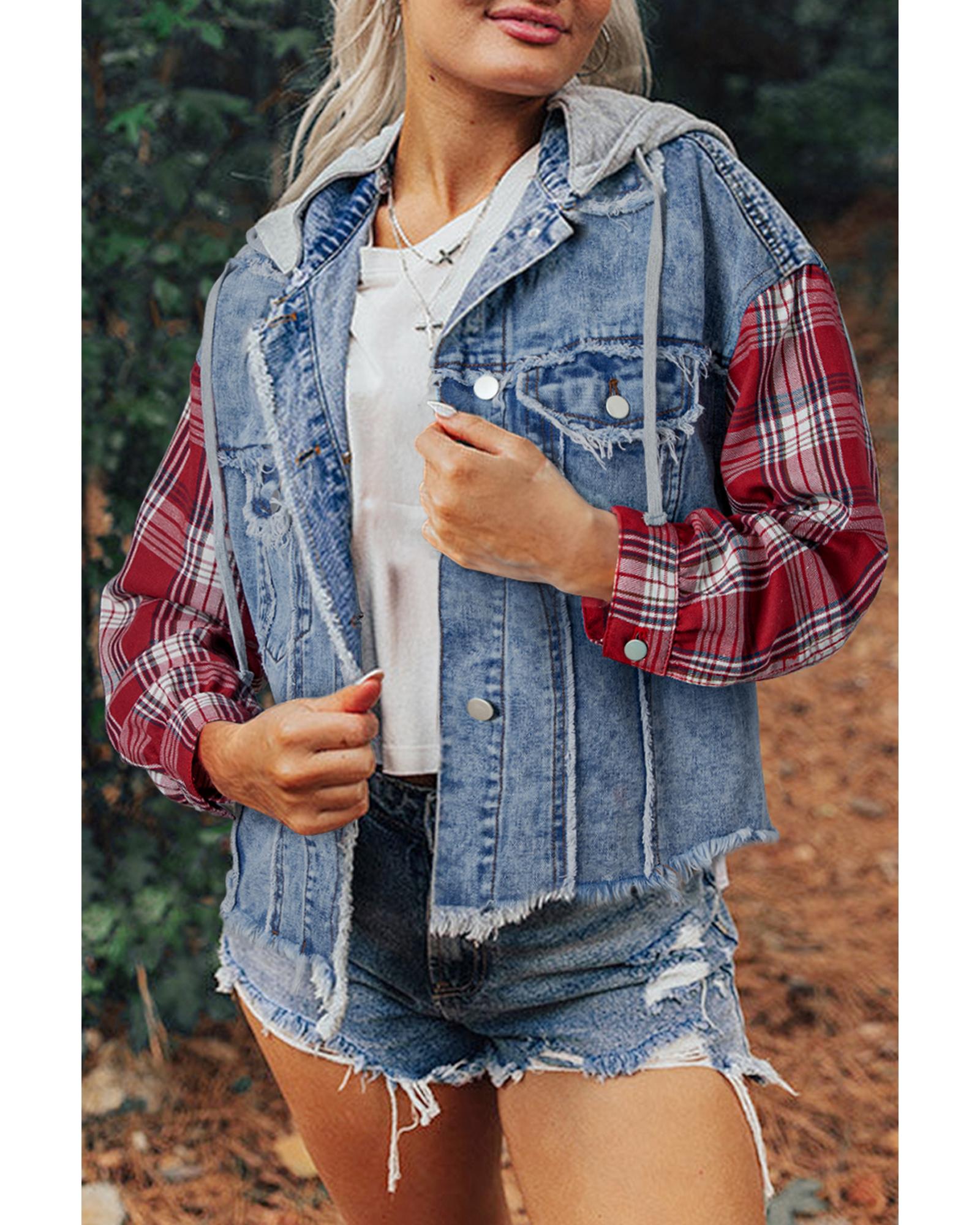 Beau Blue Plaid Print Patchwork Hooded Raw Hem Denim Jacket - XL