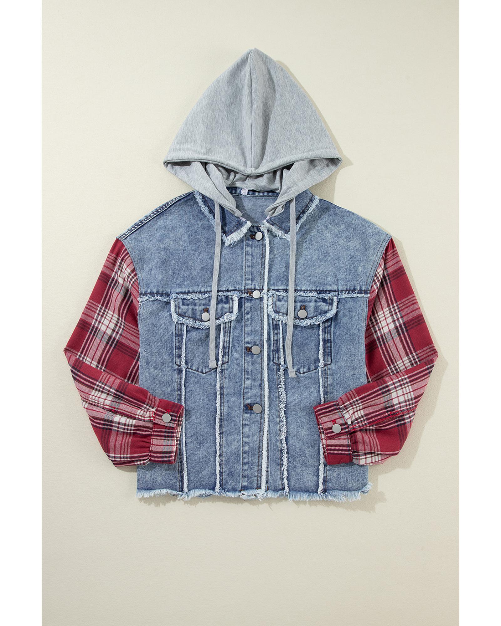 Beau Blue Plaid Print Patchwork Hooded Raw Hem Denim Jacket - XL