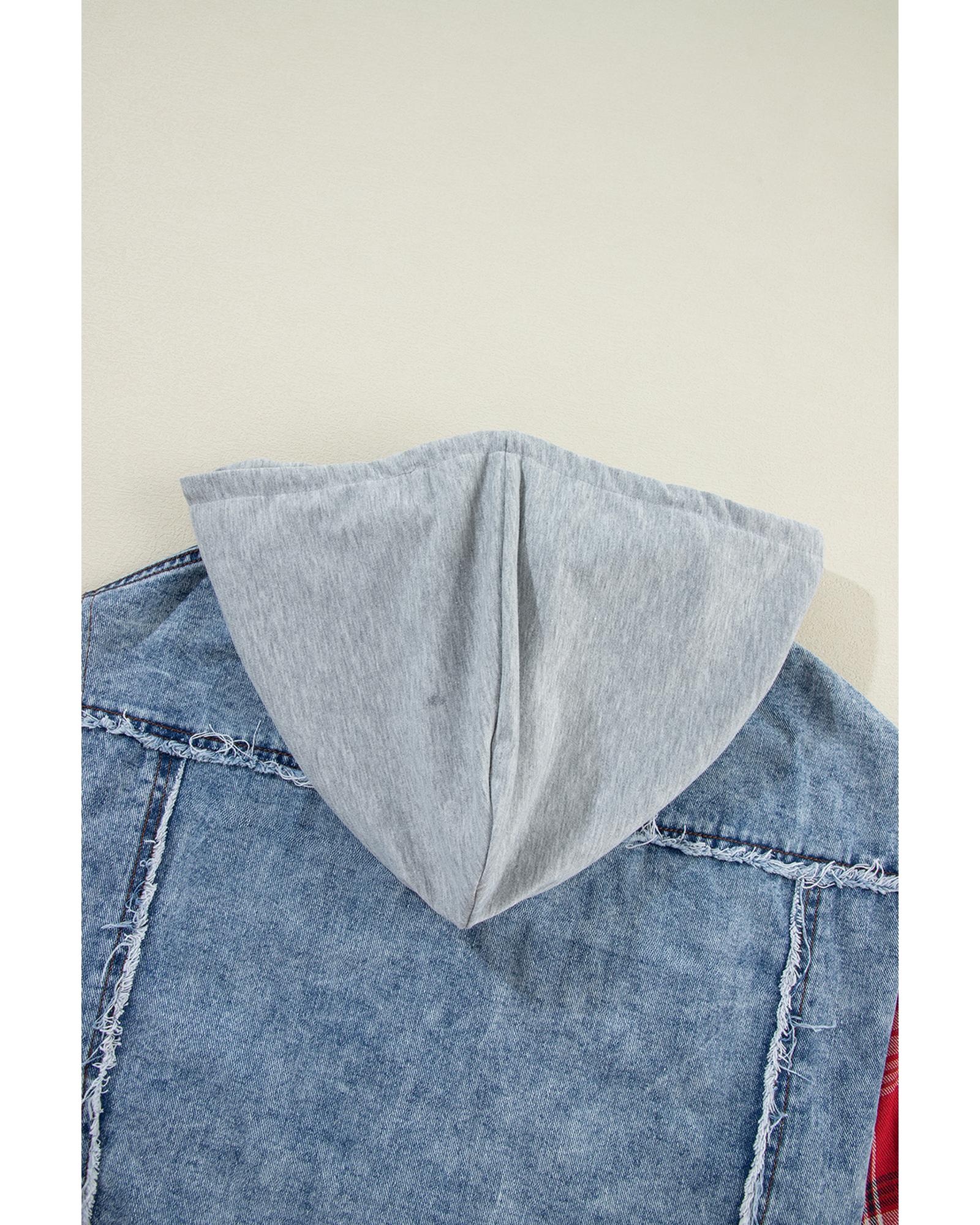 Beau Blue Plaid Print Patchwork Hooded Raw Hem Denim Jacket - XL