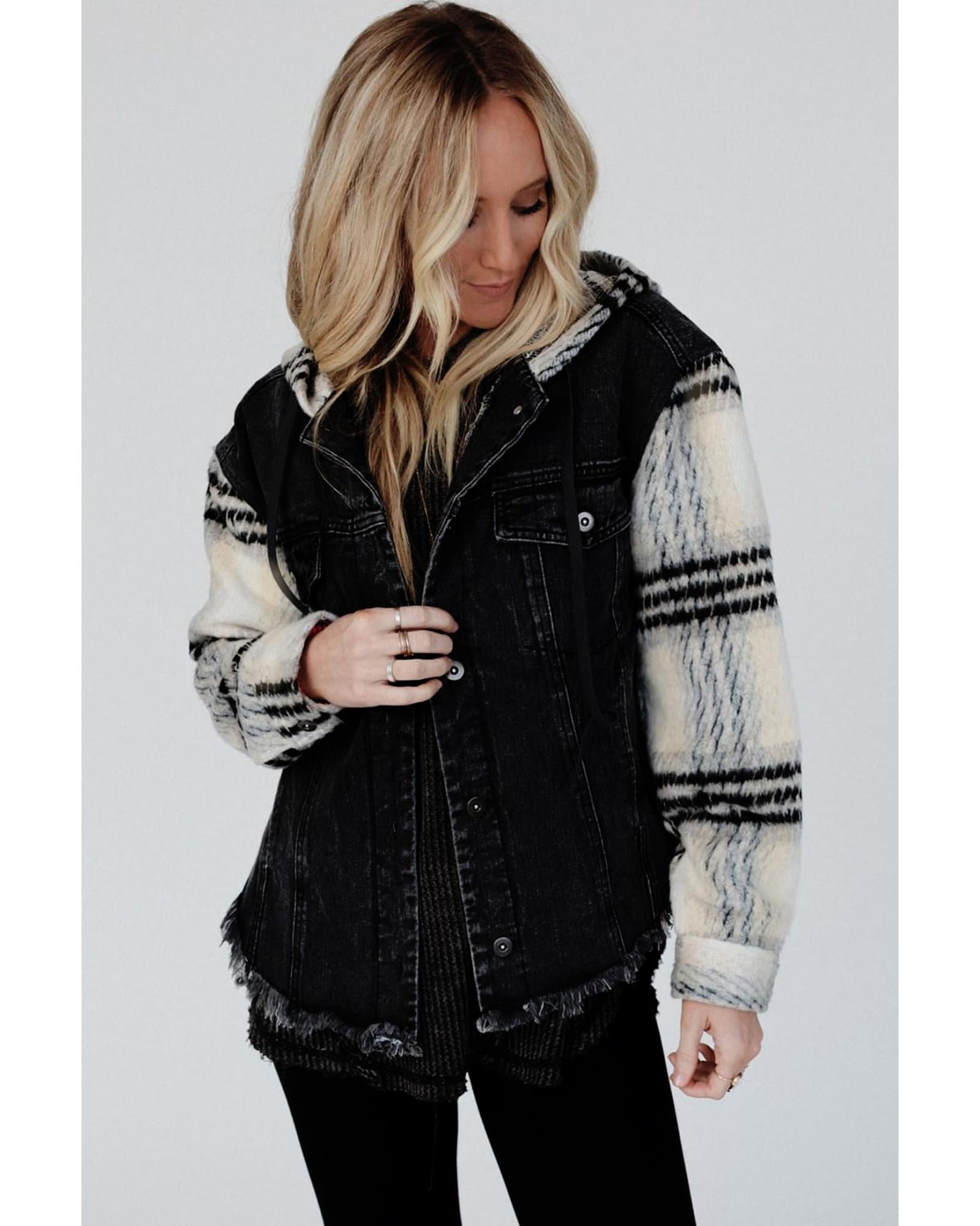 Black Plaid Sleeve Frayed Hem Hooded Denim Jacket - M